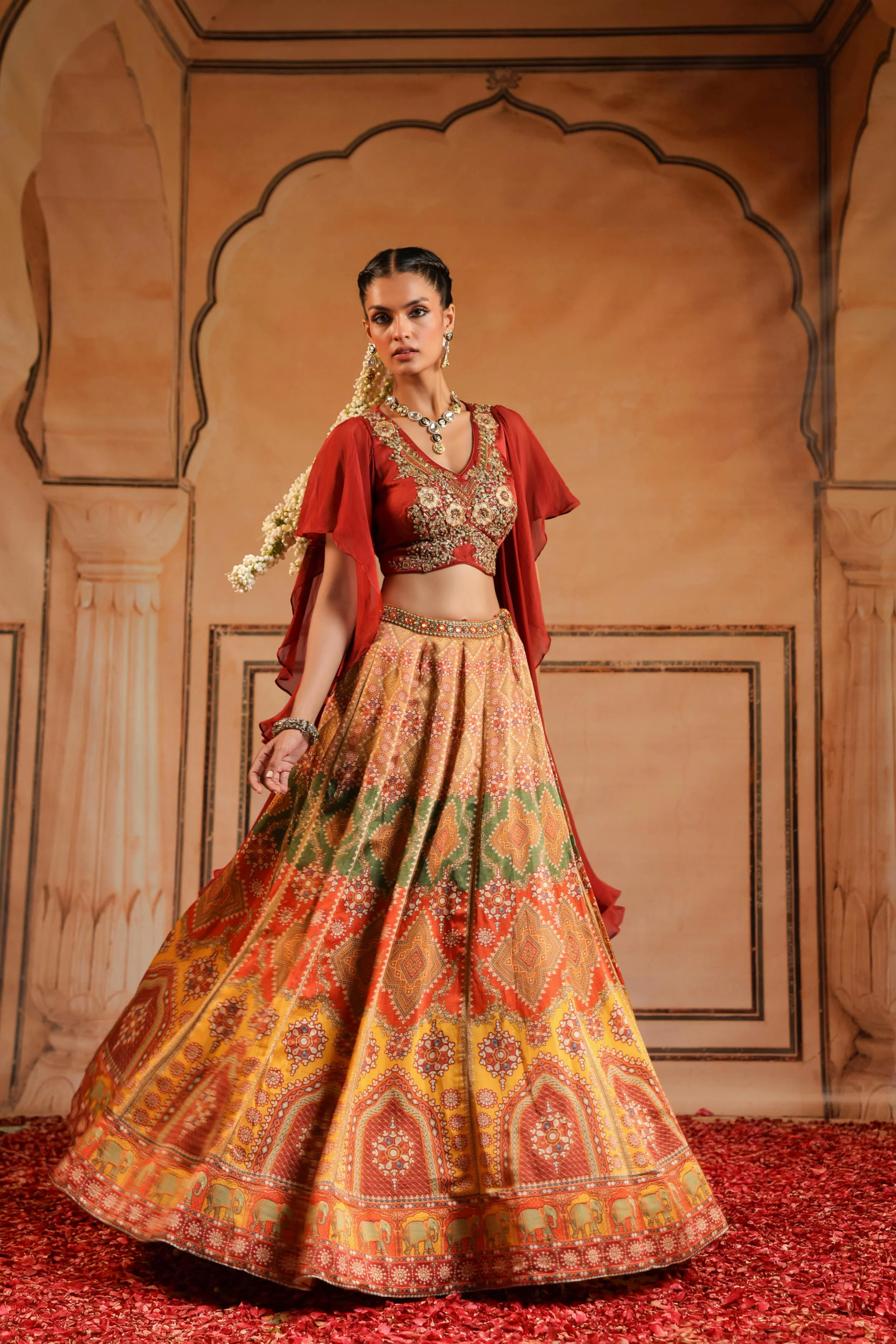 Multicolor Printed Satin Linen Silk Skirt Set - Image 2