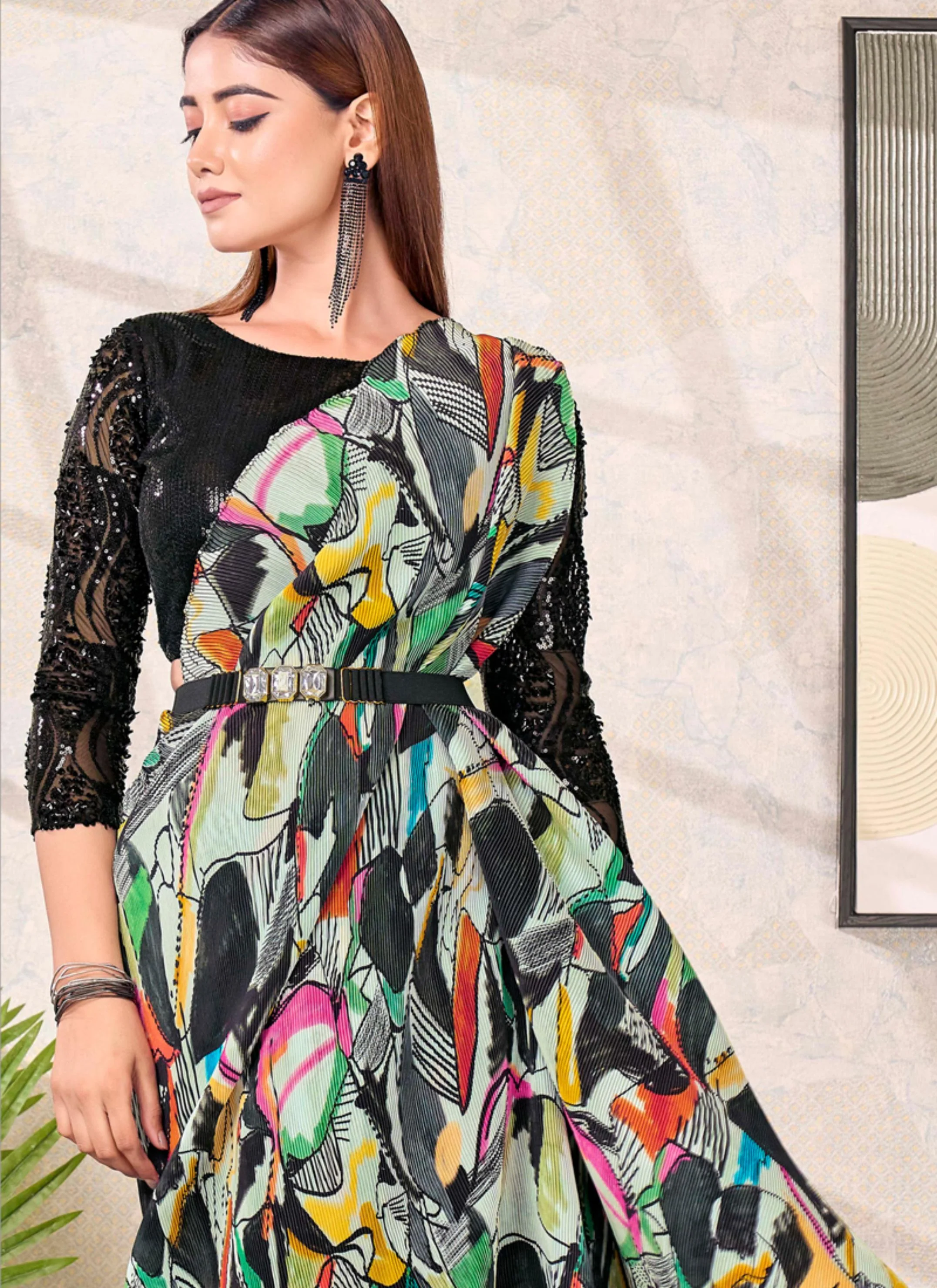 Multicolour Abstract Satin Silk Saree - Image 2