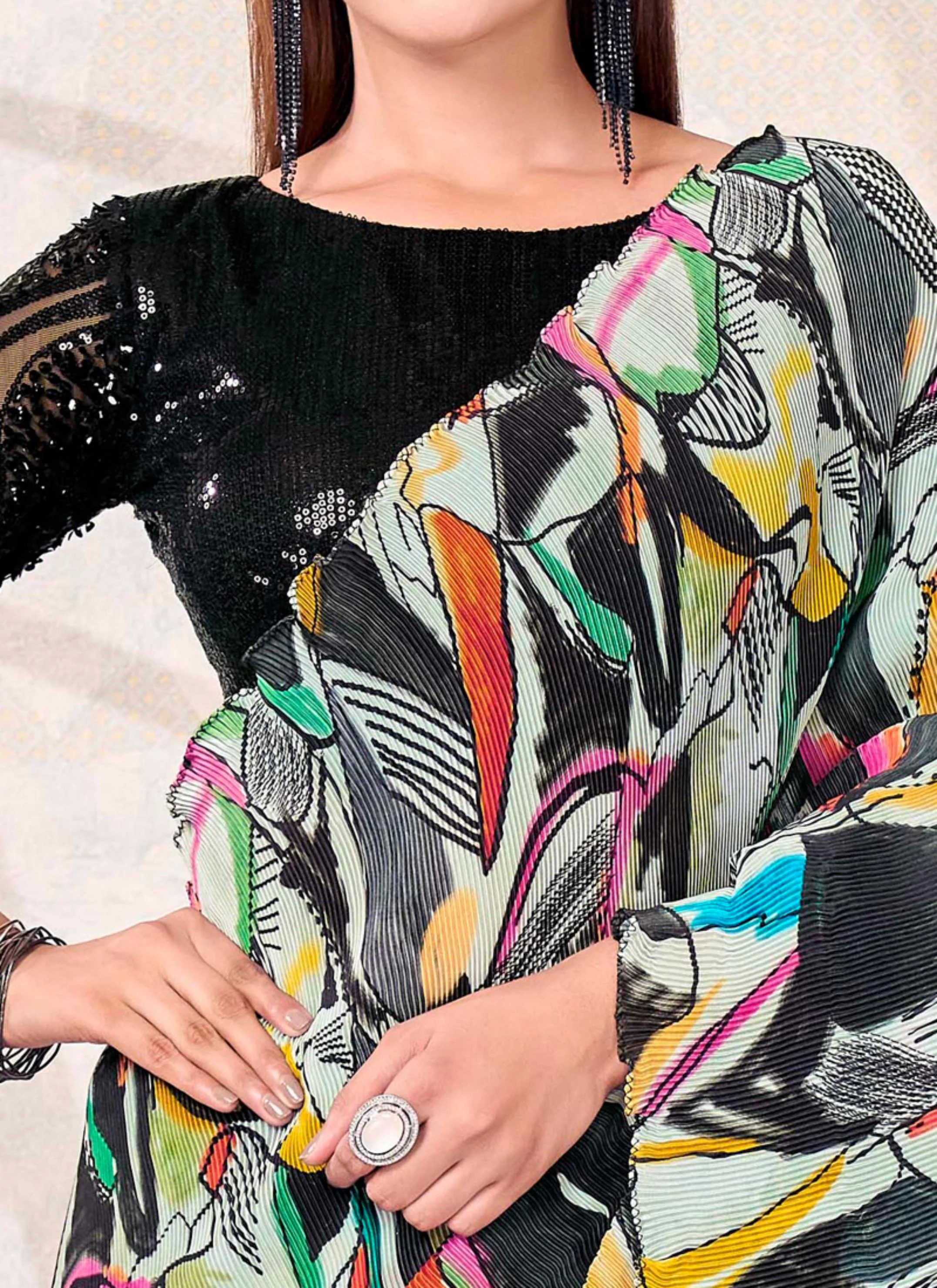 Multicolour Abstract Satin Silk Saree - Image 6