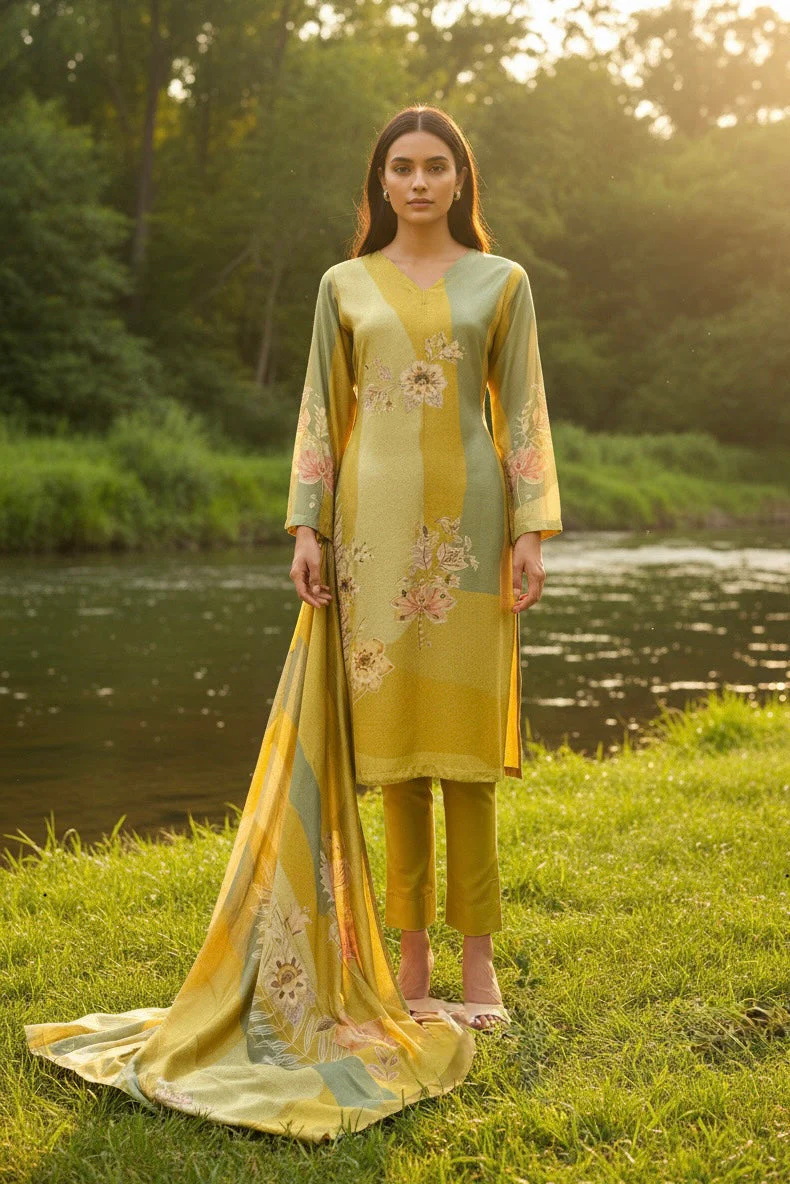 Olive Mustard Floral Printed Muslin Silk Pant Set