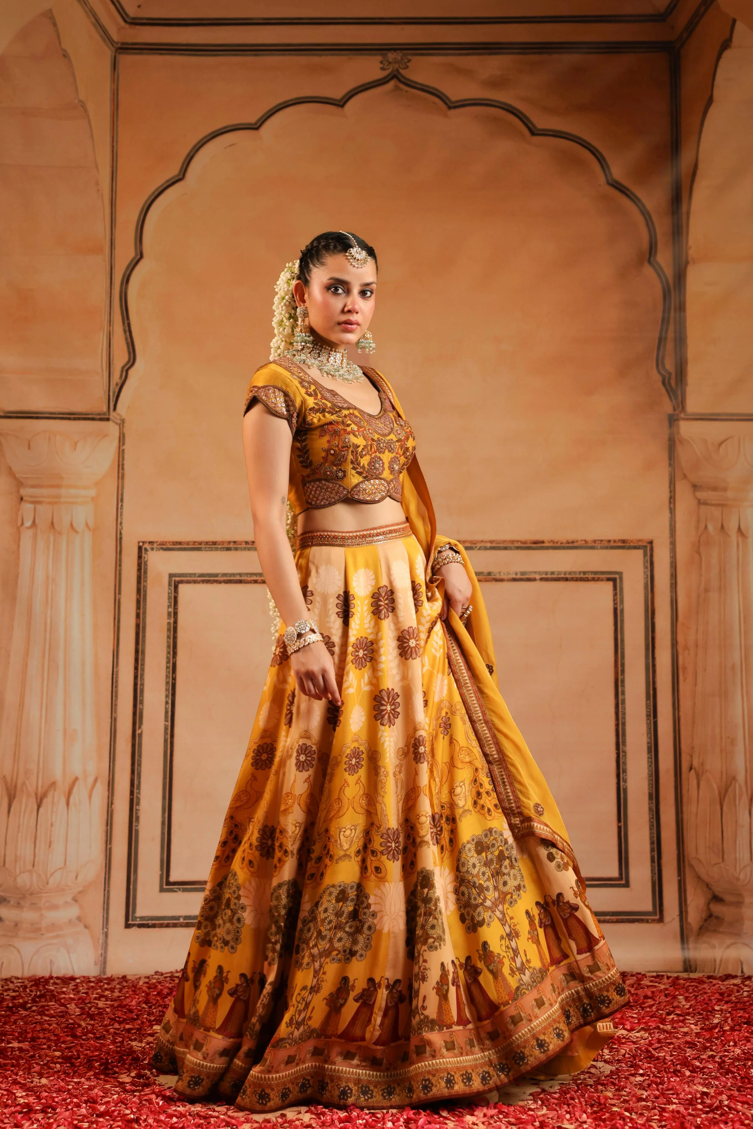 Mustard Yellow Embellished Raw Silk Lehenga Set - Image 3