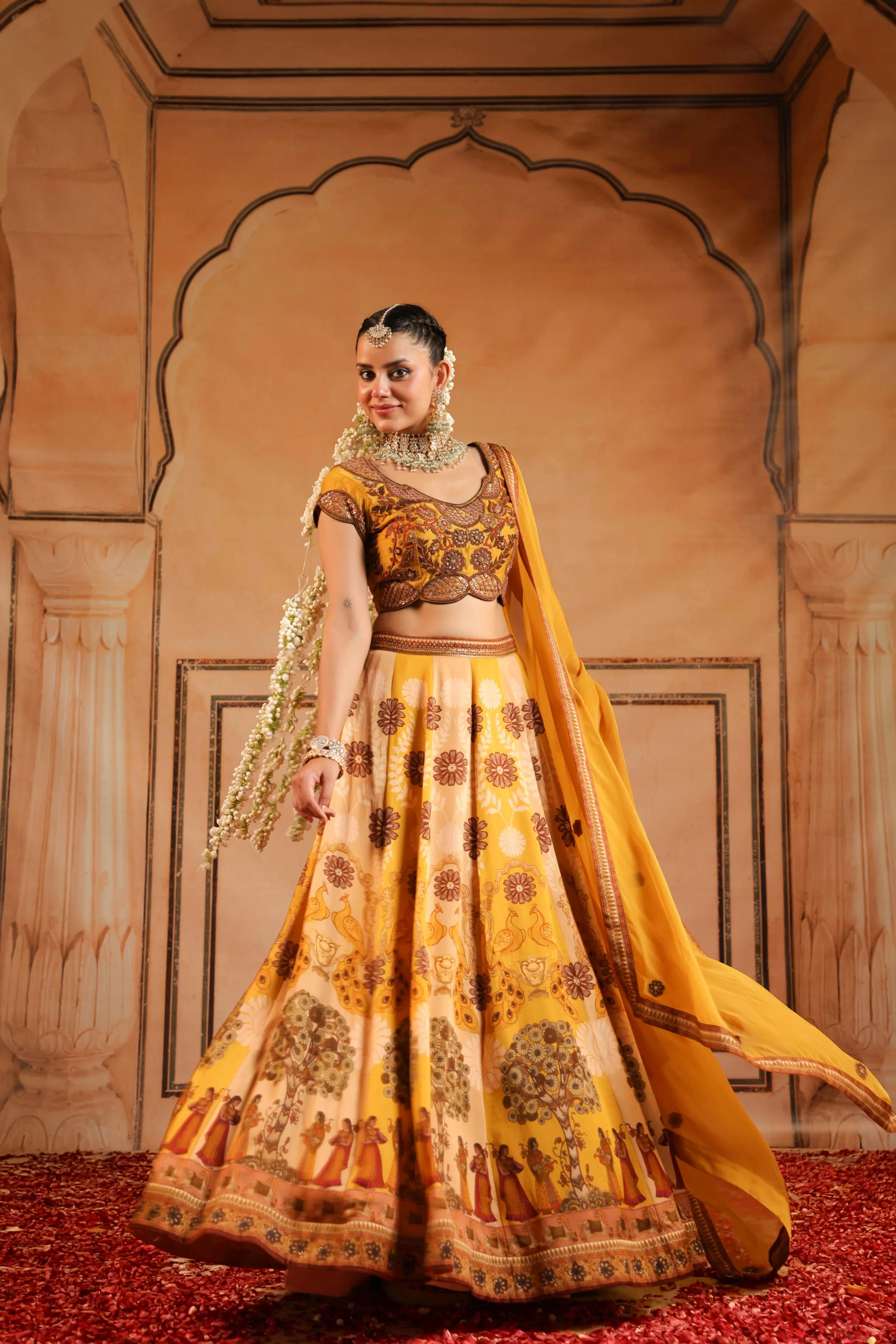 Mustard Yellow Embellished Raw Silk Lehenga Set - Image 4