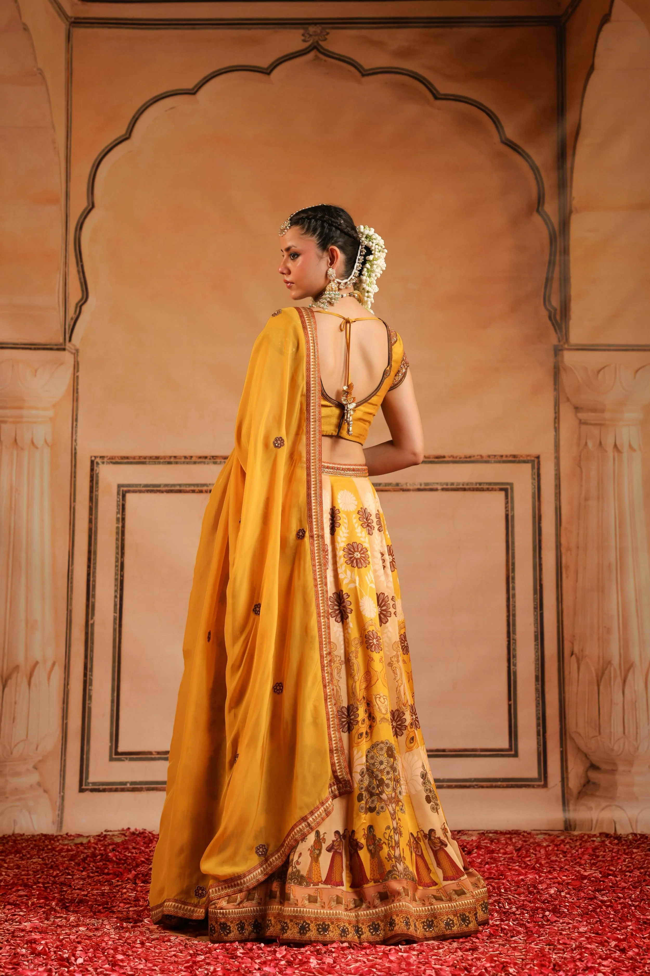 Mustard Yellow Embellished Raw Silk Lehenga Set - Image 5