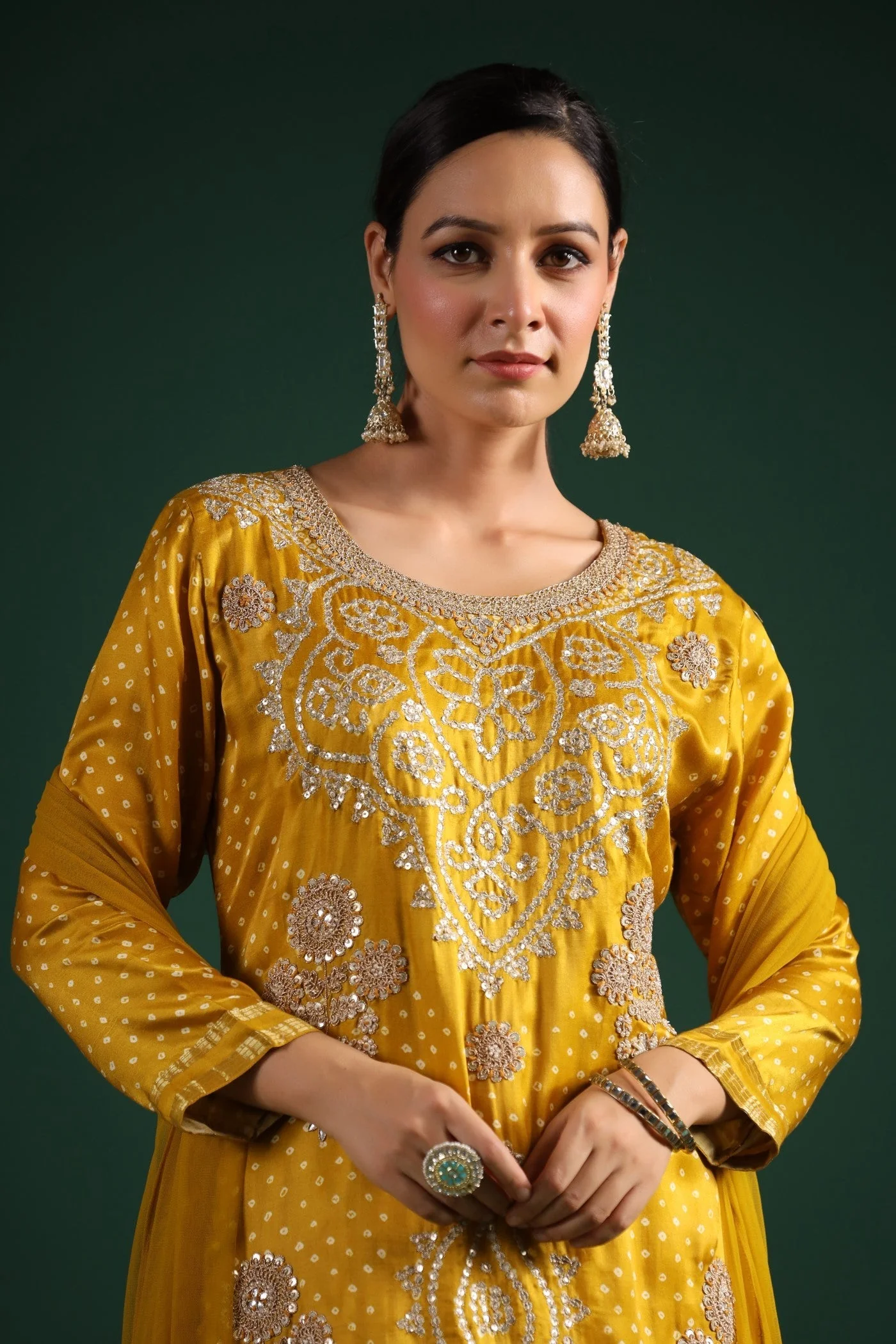 Mustard Bandhej Gajji Silk Kurta Set - Image 10