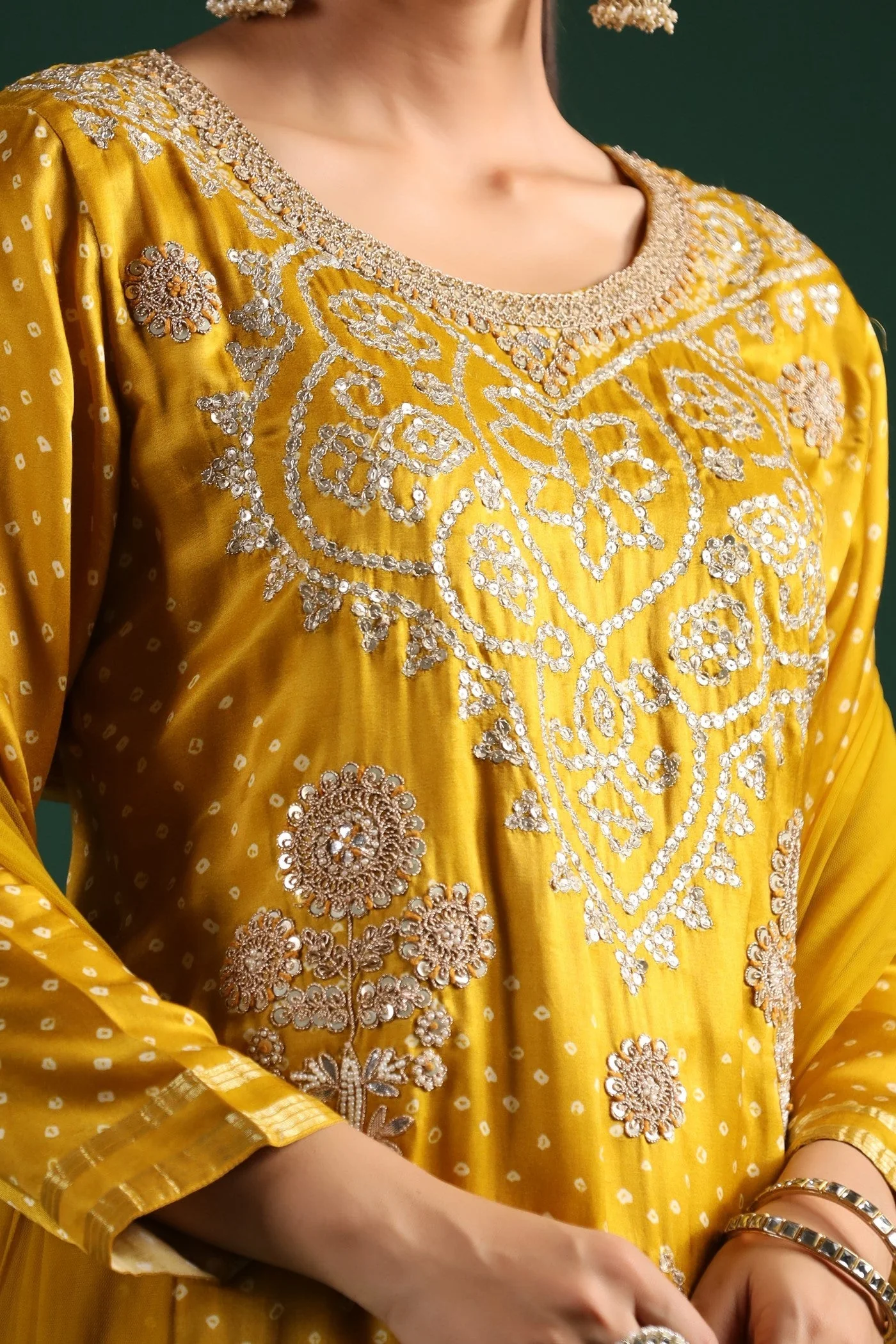 Mustard Bandhej Gajji Silk Kurta Set - Image 11