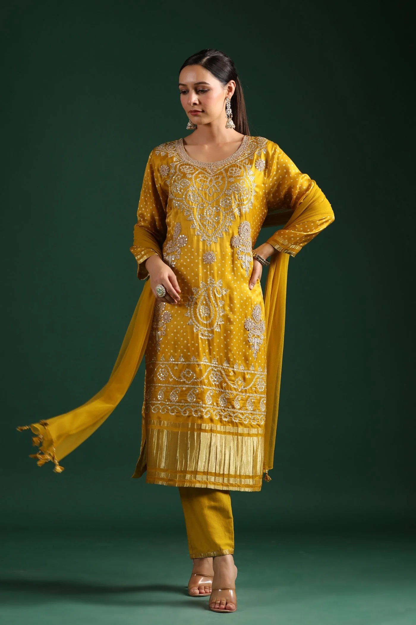 Mustard Bandhej Gajji Silk Kurta Set - Image 3