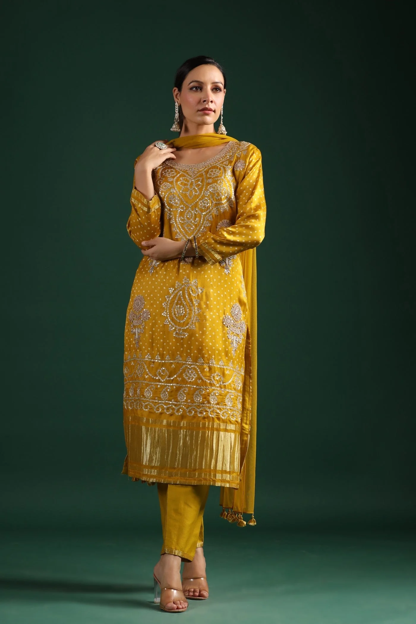 Mustard Bandhej Gajji Silk Kurta Set - Image 4