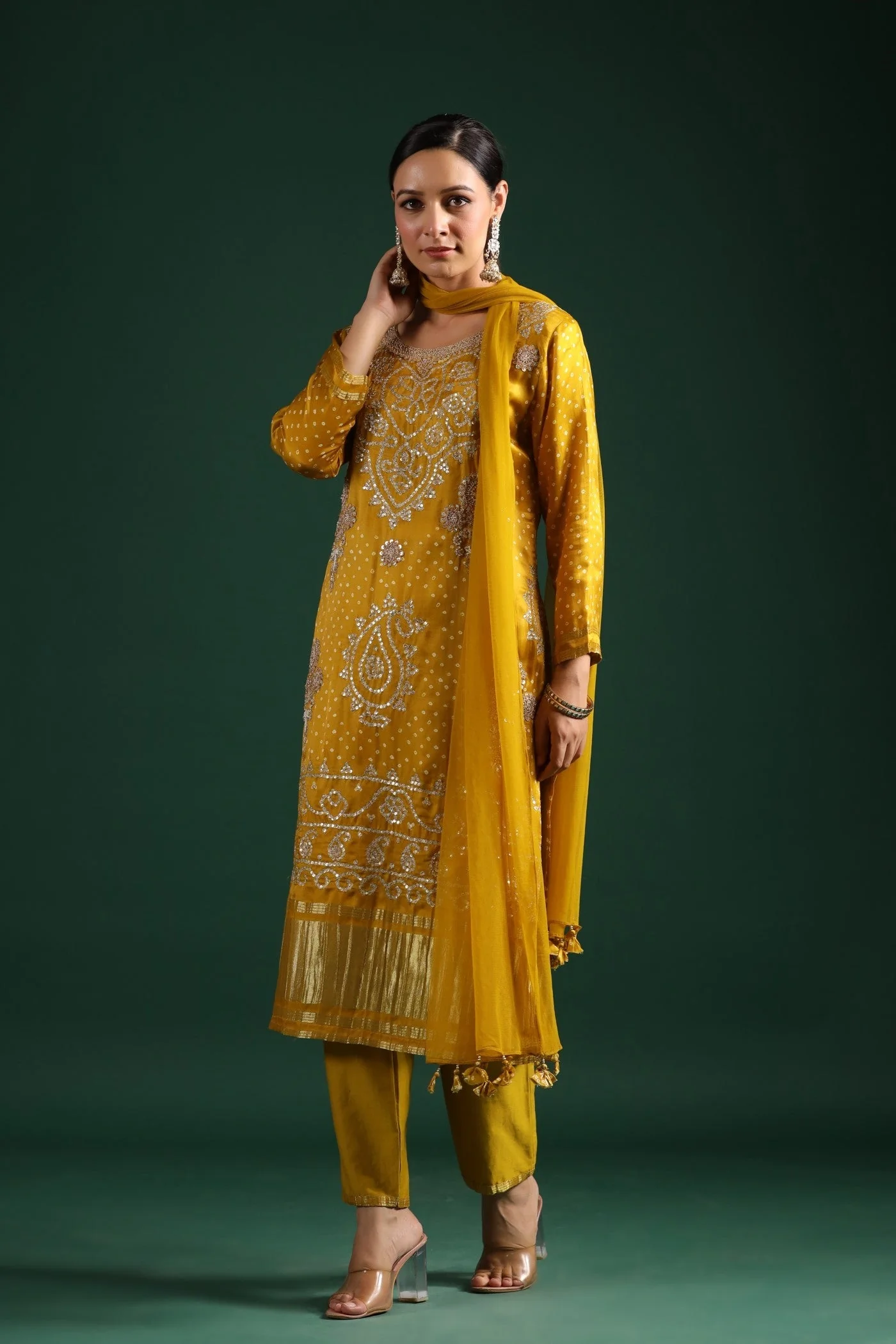 Mustard Bandhej Gajji Silk Kurta Set - Image 5