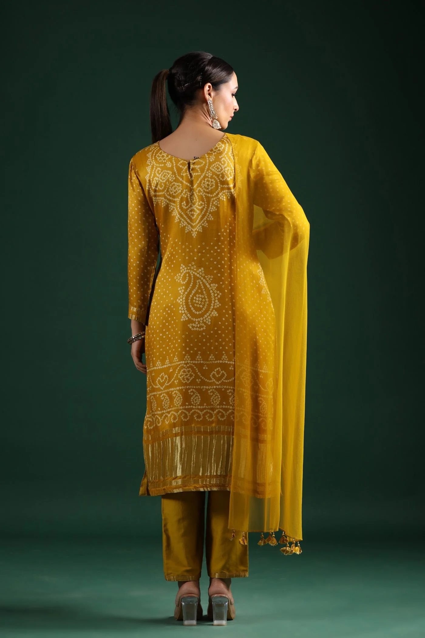 Mustard Bandhej Gajji Silk Kurta Set - Image 6
