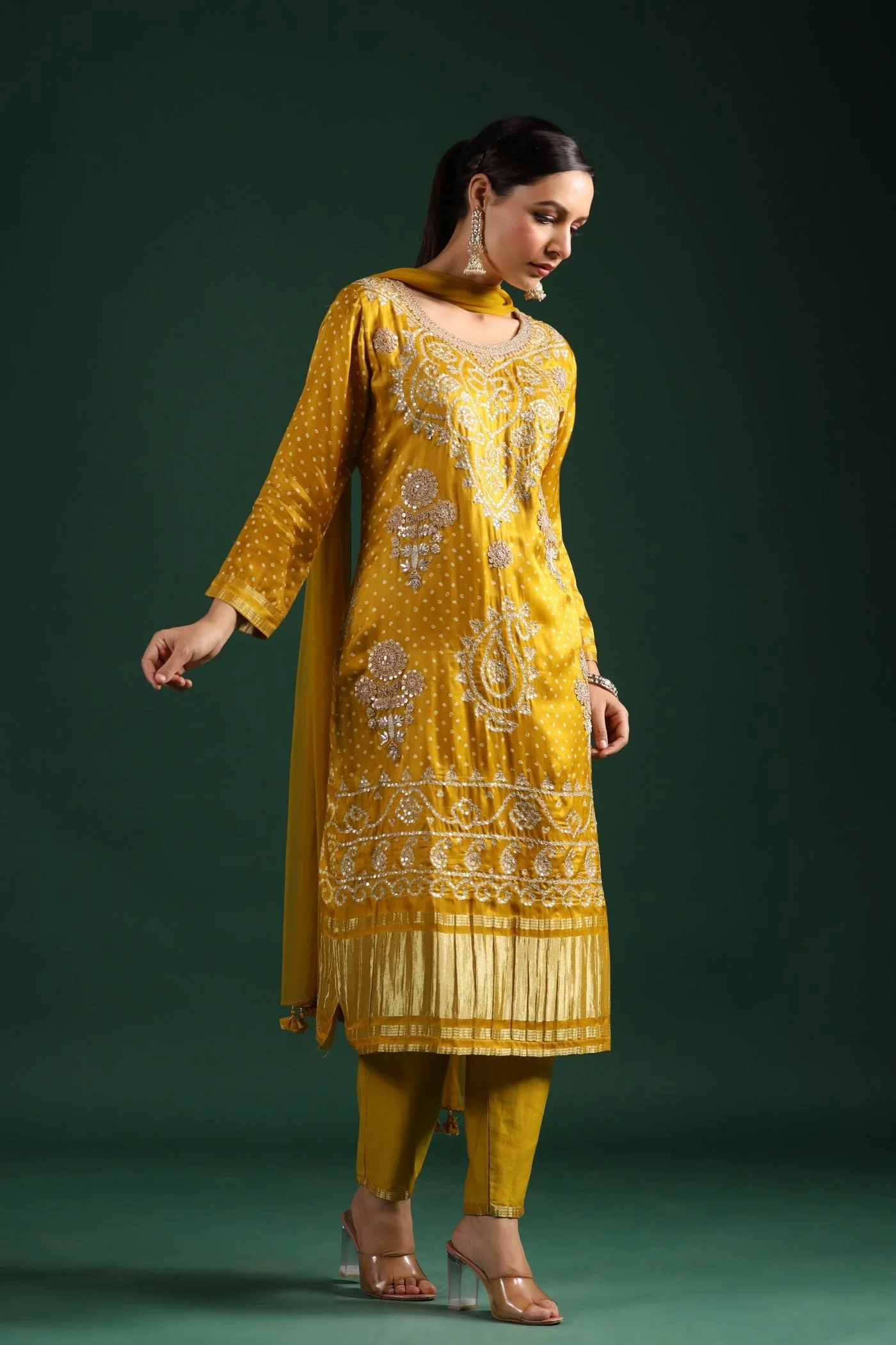 Mustard Bandhej Gajji Silk Kurta Set - Image 7