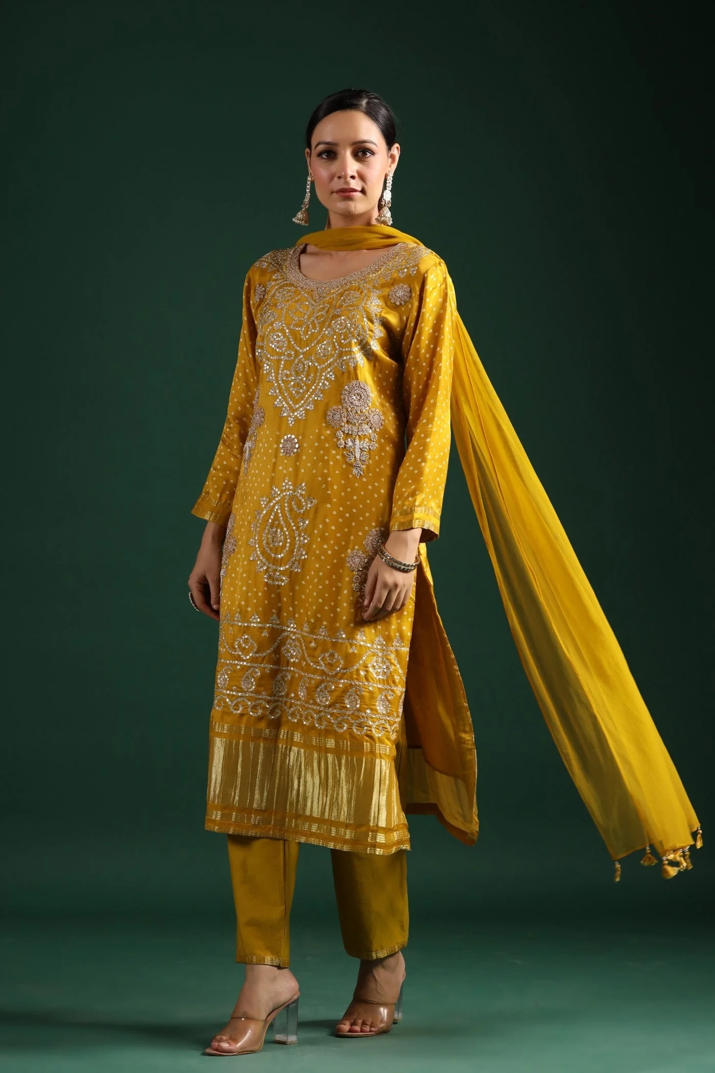 Mustard Bandhej Gajji Silk Kurta Set - Image 8
