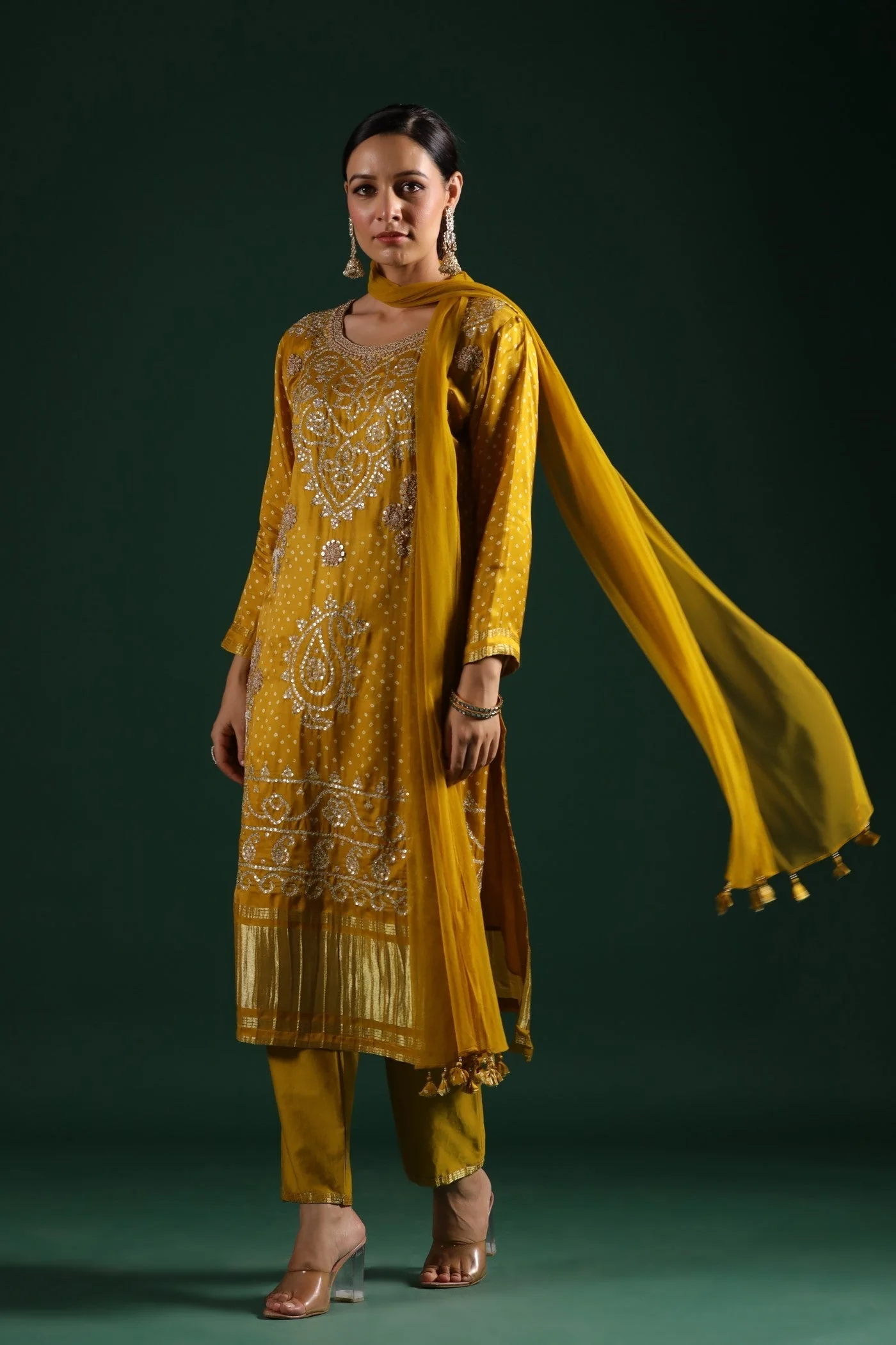 Mustard Bandhej Gajji Silk Kurta Set - Image 9