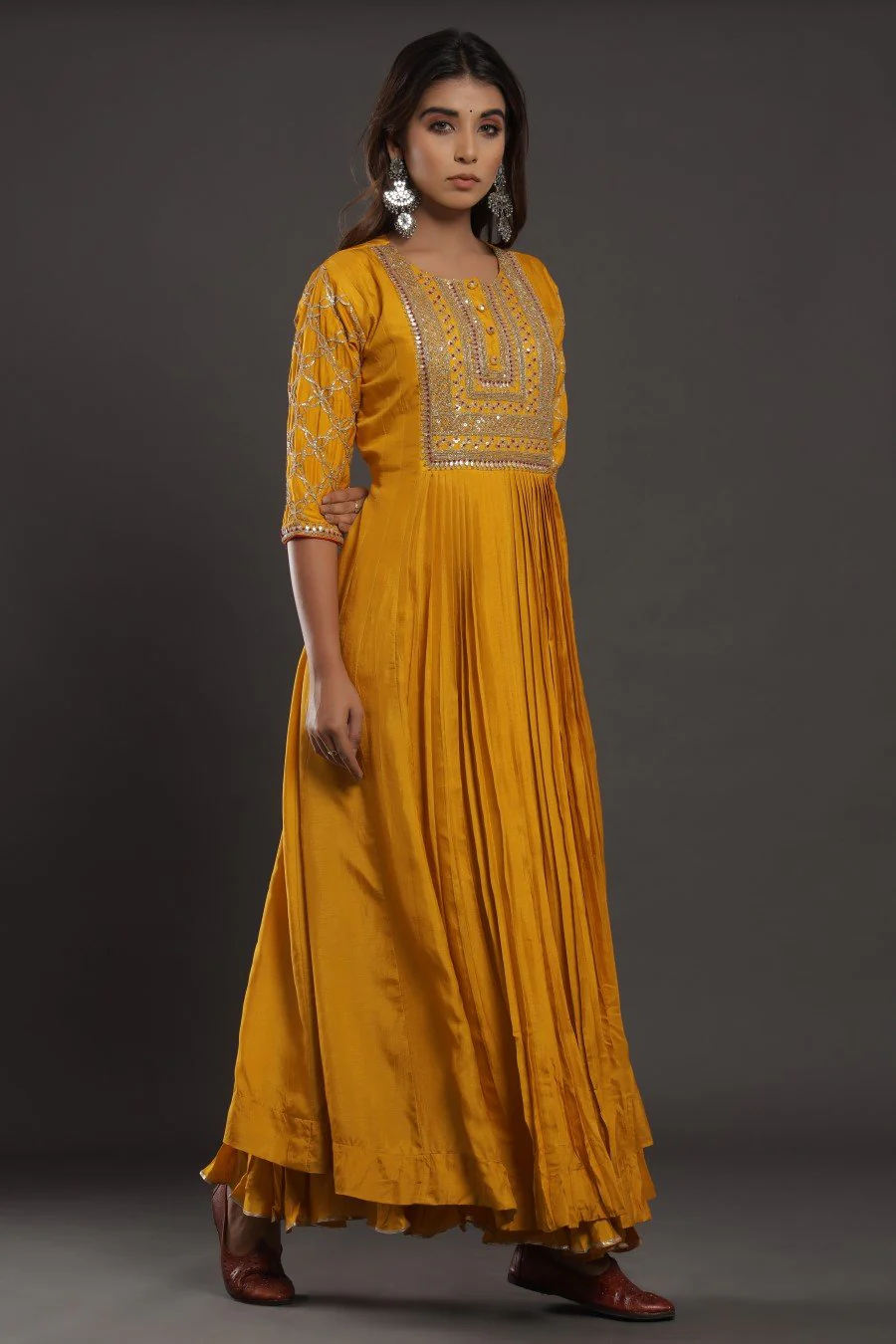 Mustard Chanderi Silk Kalidar Kurta With Embroidery - Image 2