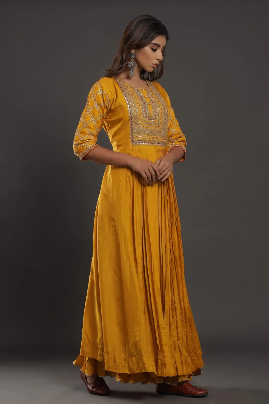 Mustard Chanderi Silk Kalidar Kurta With Embroidery - Image 3