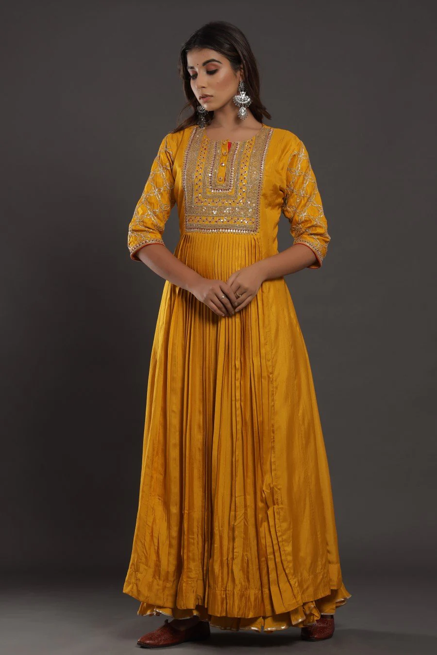 Mustard Chanderi Silk Kalidar Kurta With Embroidery - Image 4