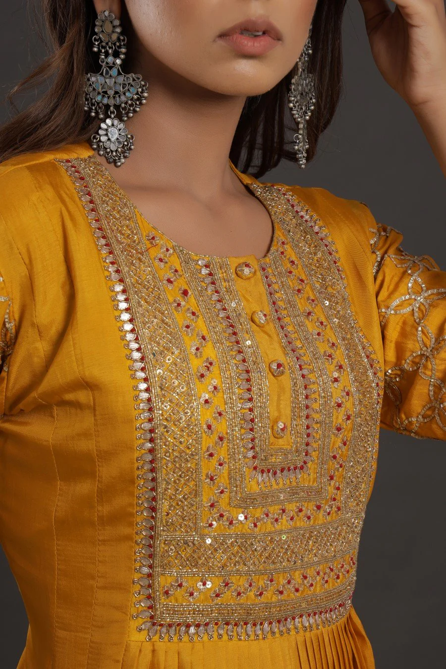 Mustard Chanderi Silk Kalidar Kurta With Embroidery - Image 5