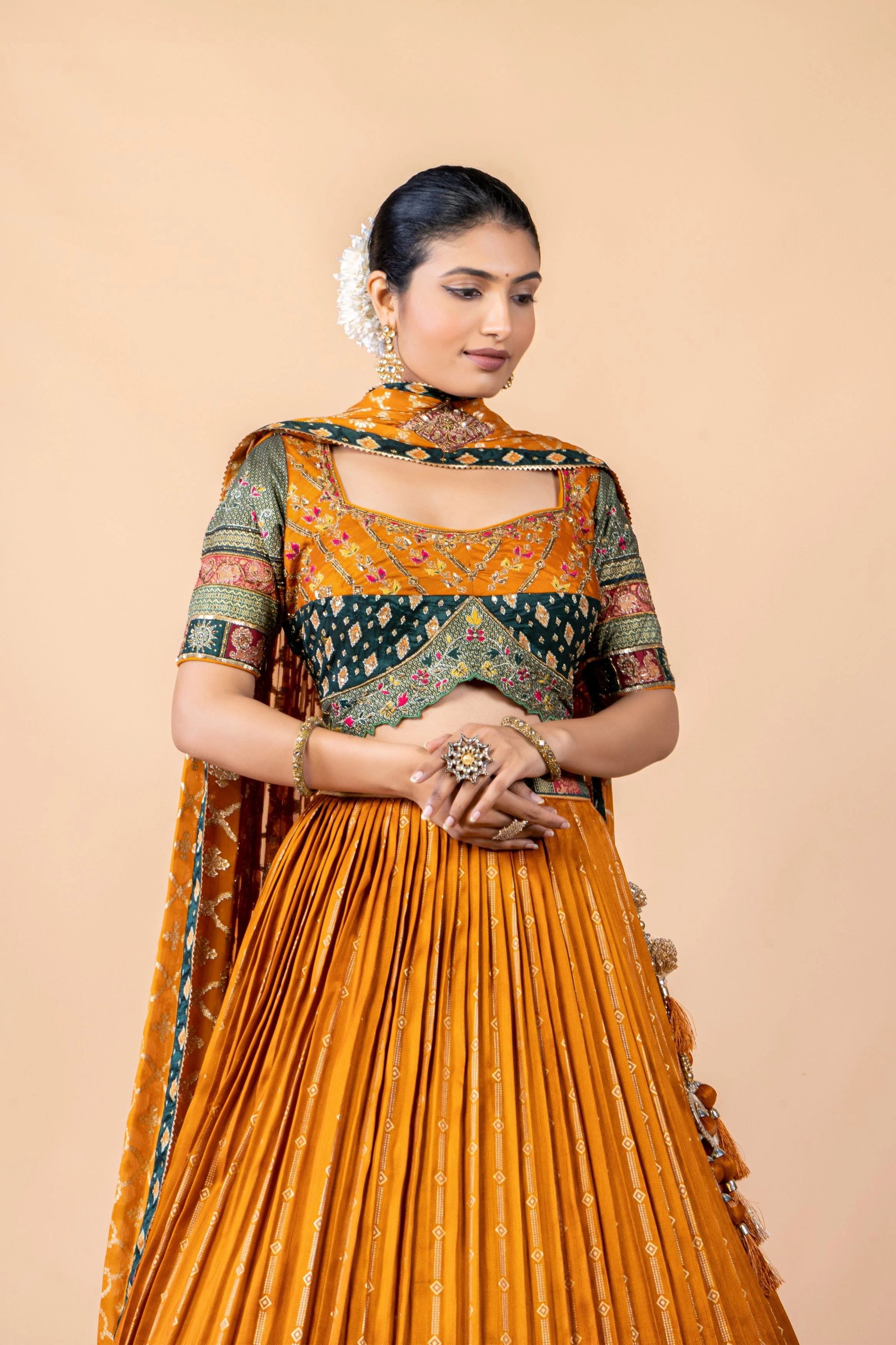 Mustard Embellished Brocade Silk Lehenga Set - Image 2