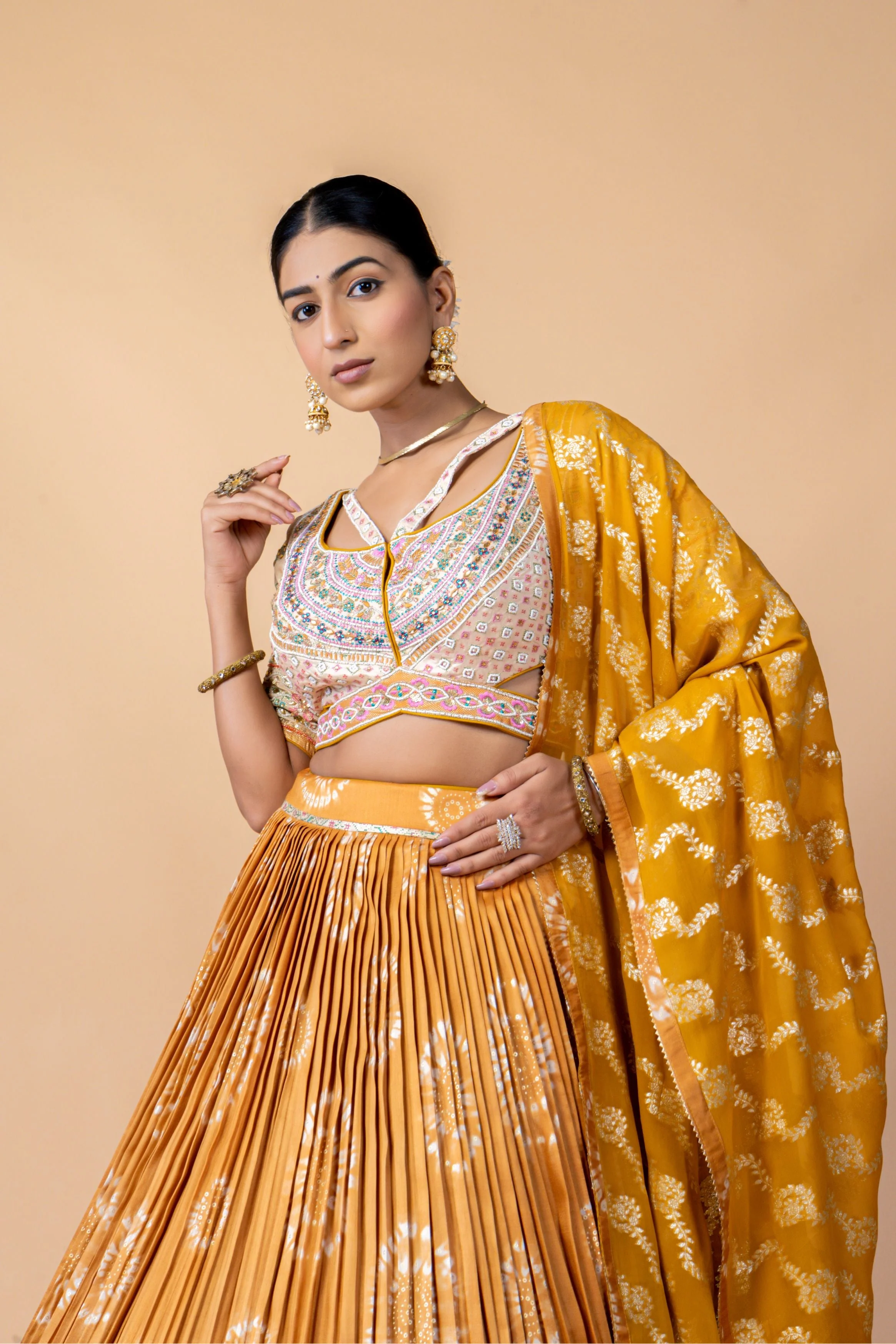 Mustard Embellished Brocade Silk Lehenga Set - Image 2
