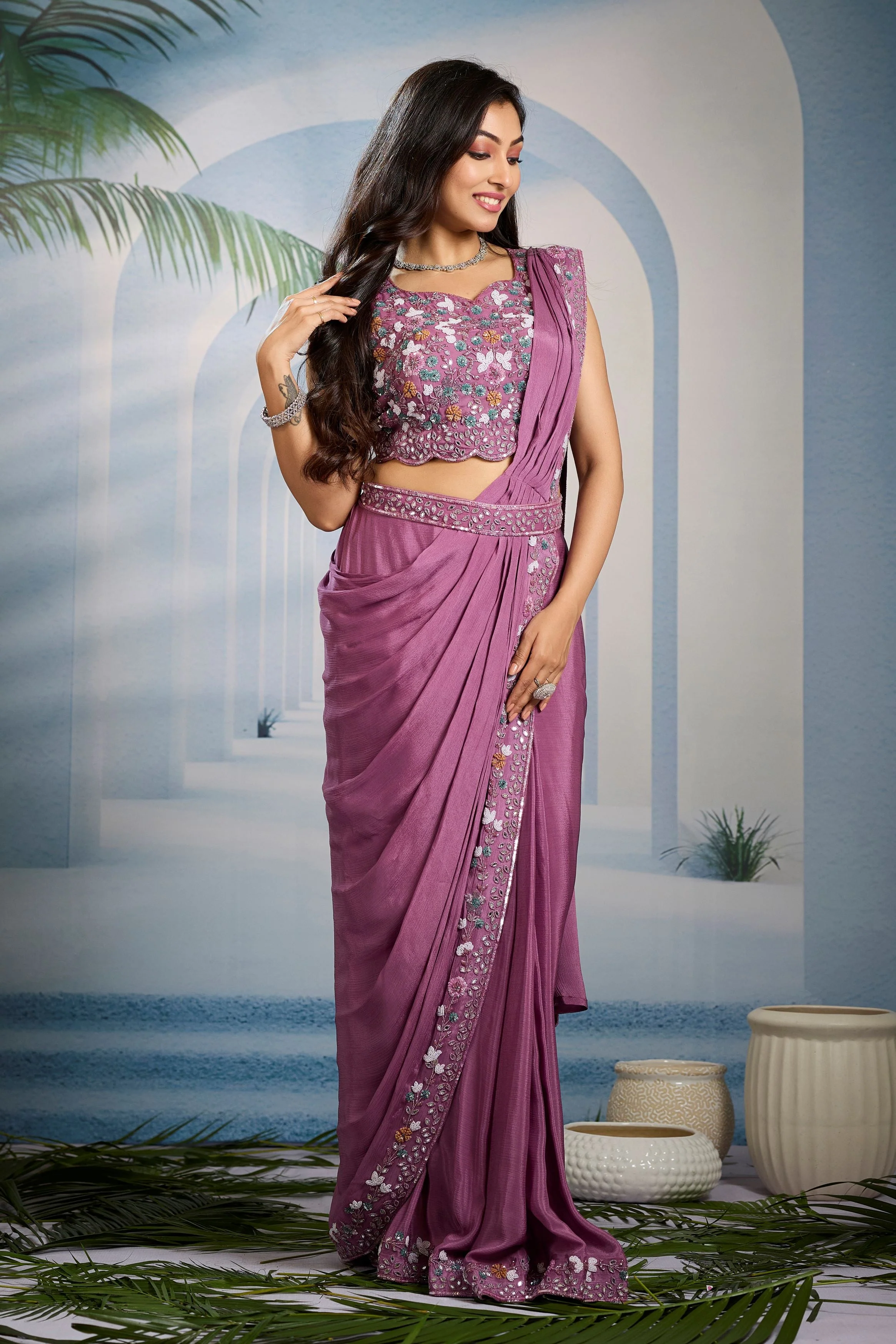 Lilac Embellished Chinon Silk Drape Saree - Image 4