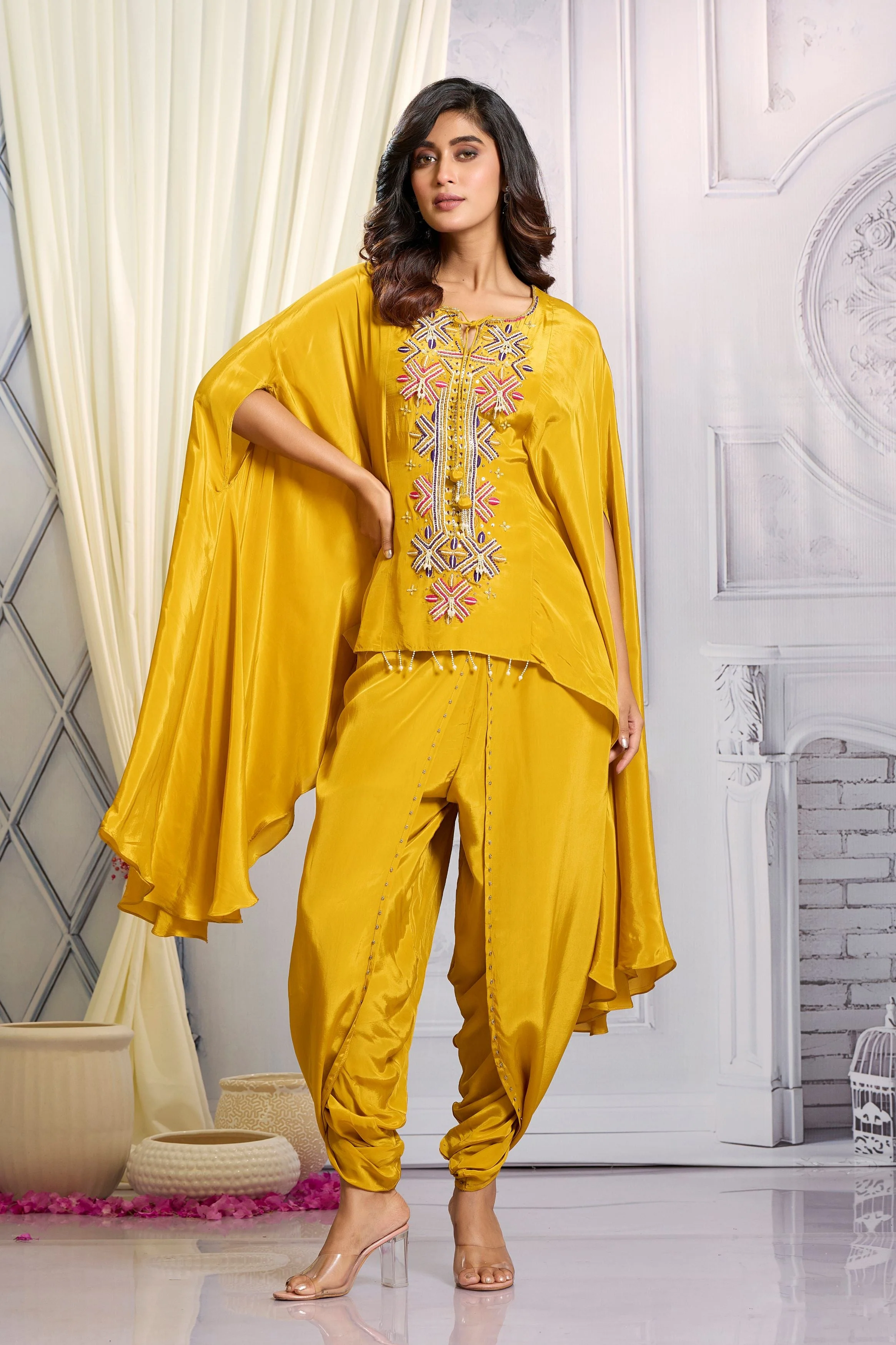 Mustard Embellished Chinon Silk Kaftan Set - Image 3