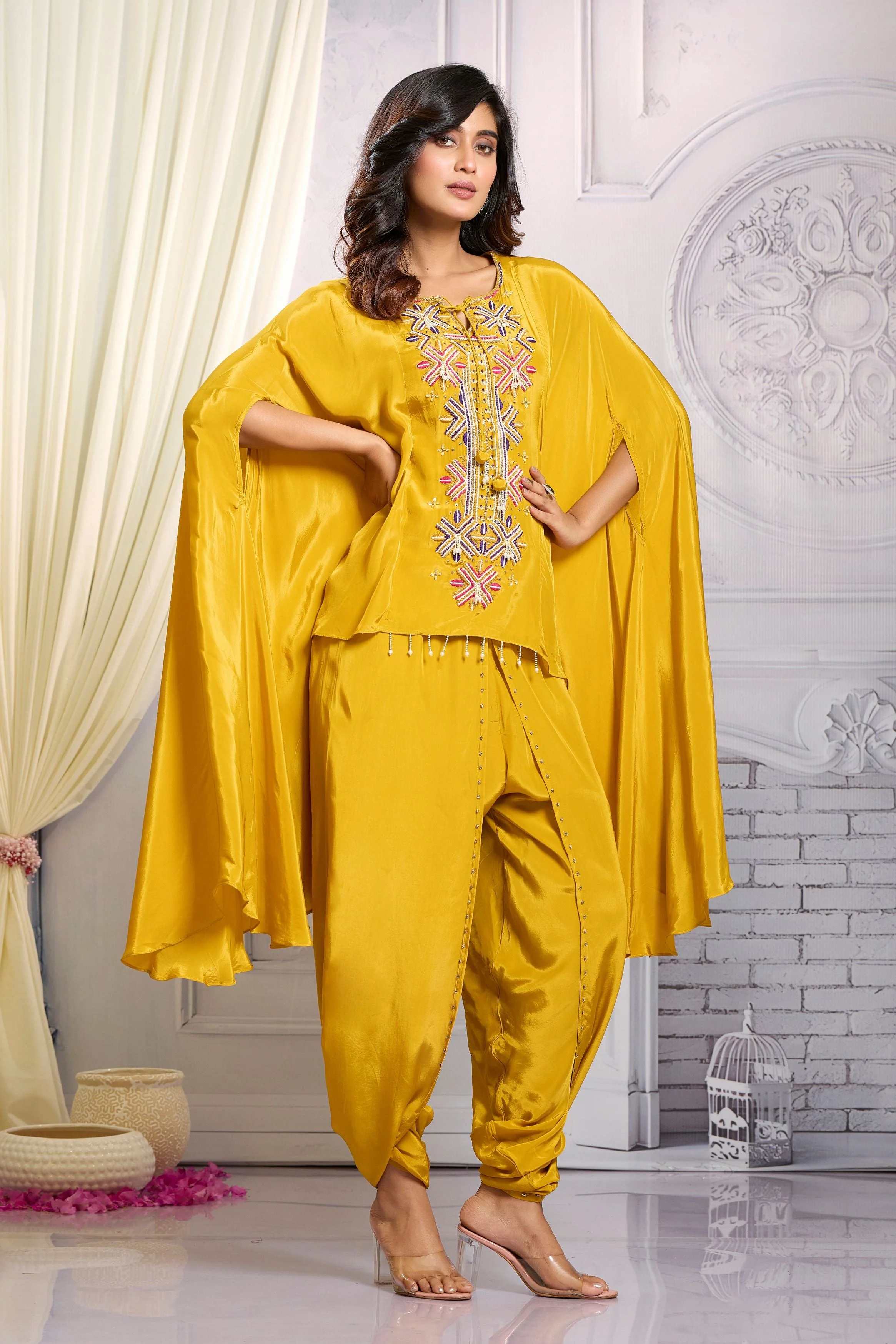 Mustard Embellished Chinon Silk Kaftan Set - Image 4