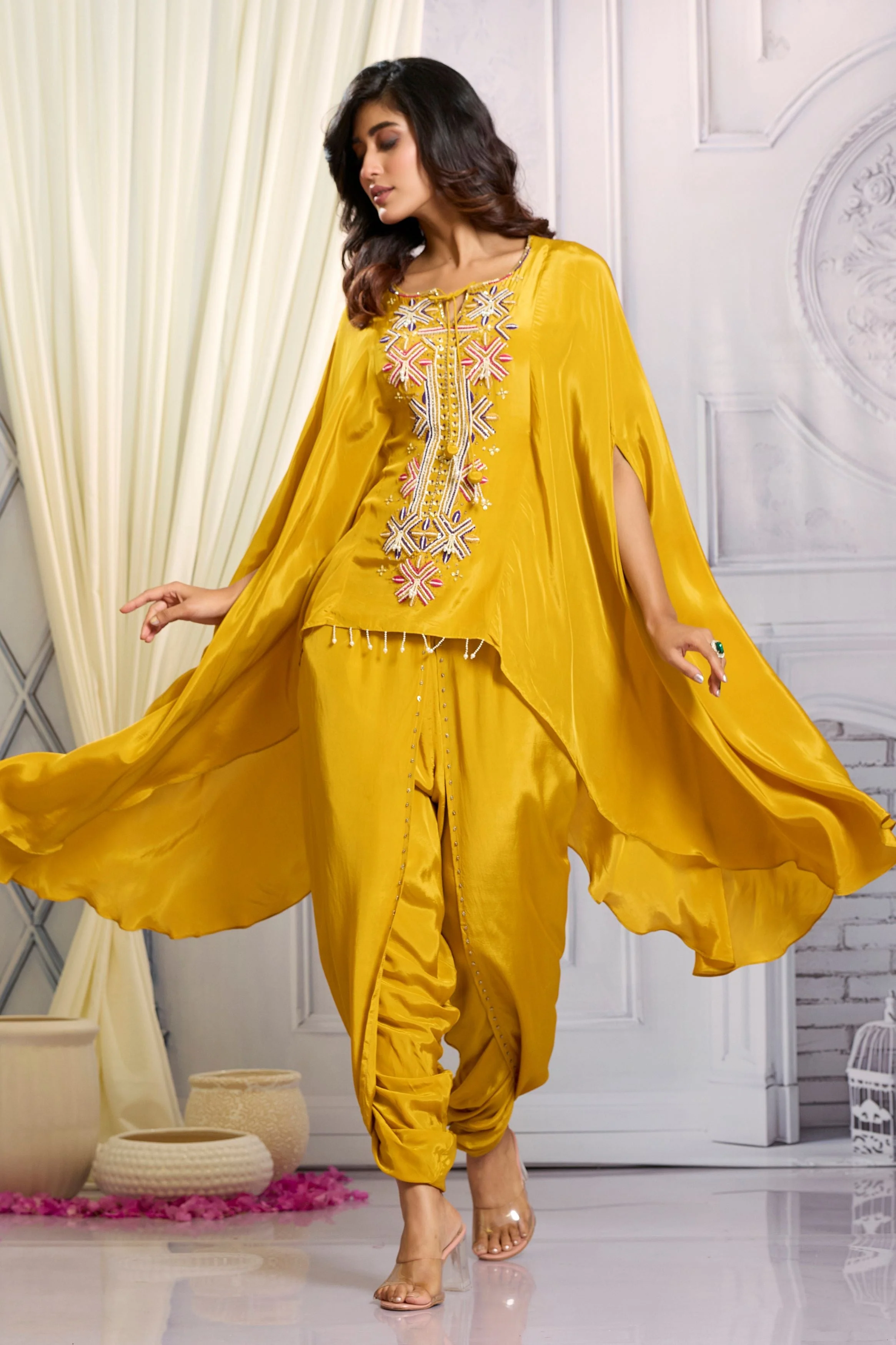 Mustard Embellished Chinon Silk Kaftan Set - Image 5