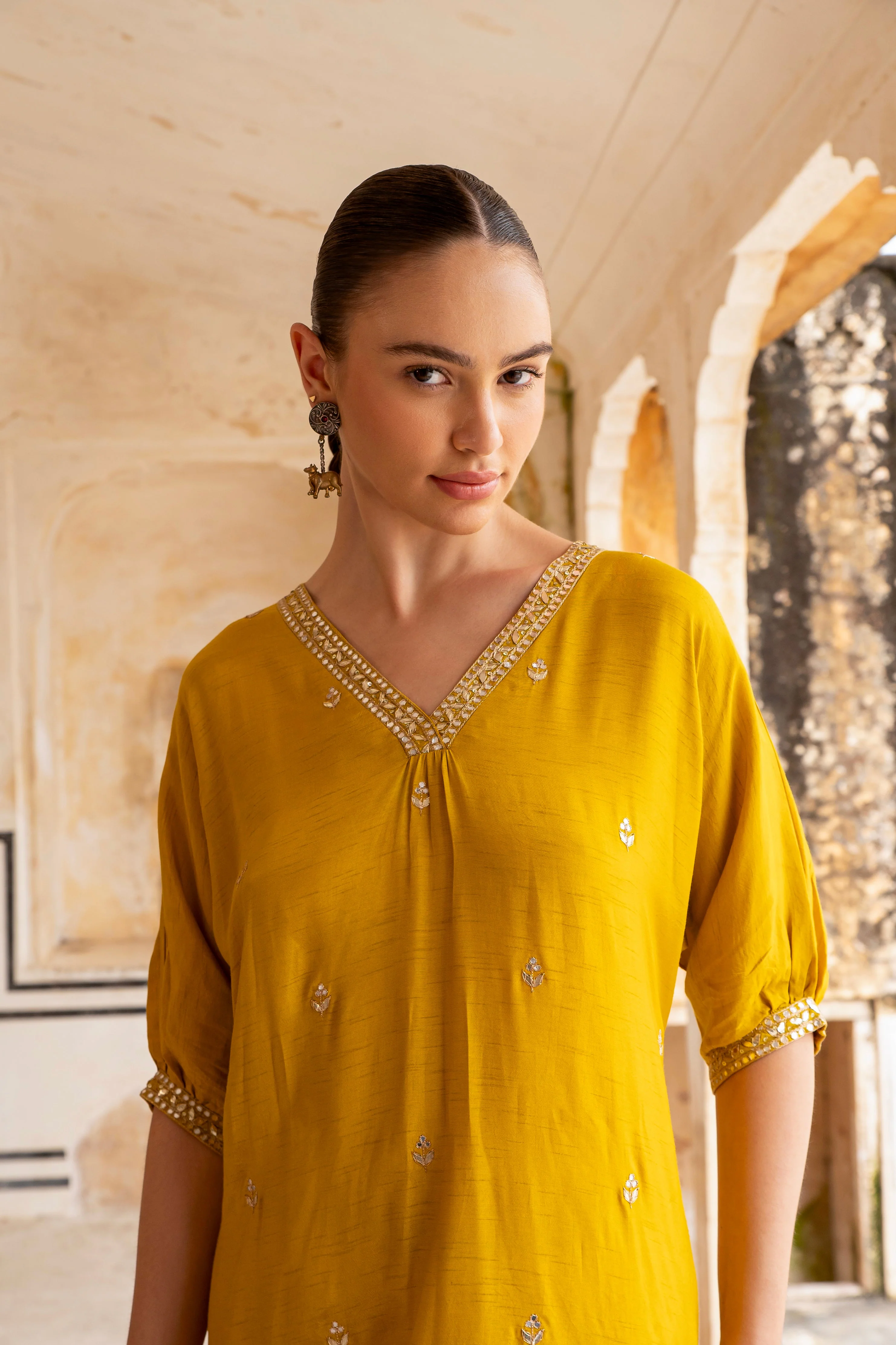 Mustard Embellished Dola Silk Kurta Set - Image 2