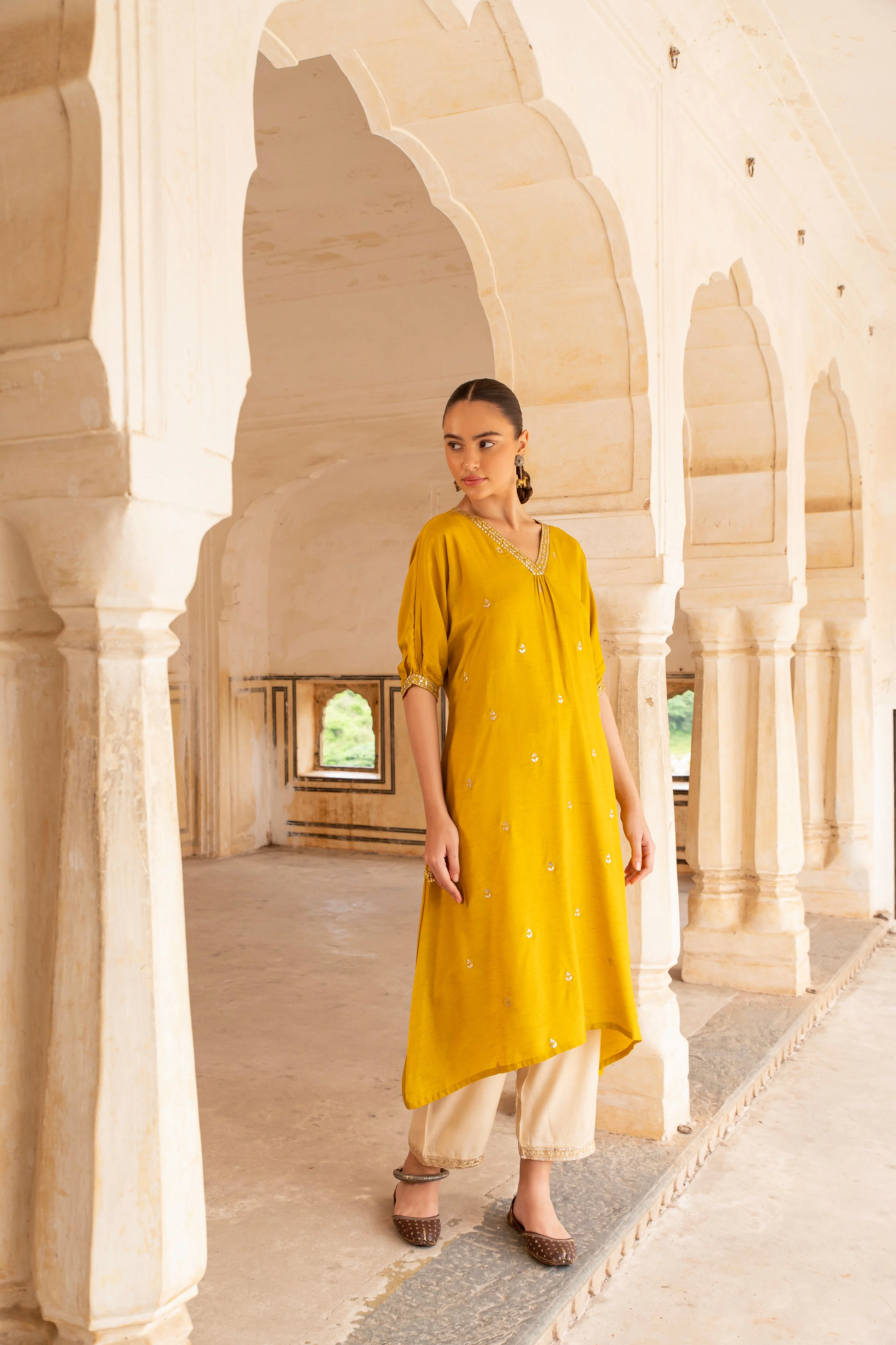 Mustard Embellished Dola Silk Kurta Set - Image 3