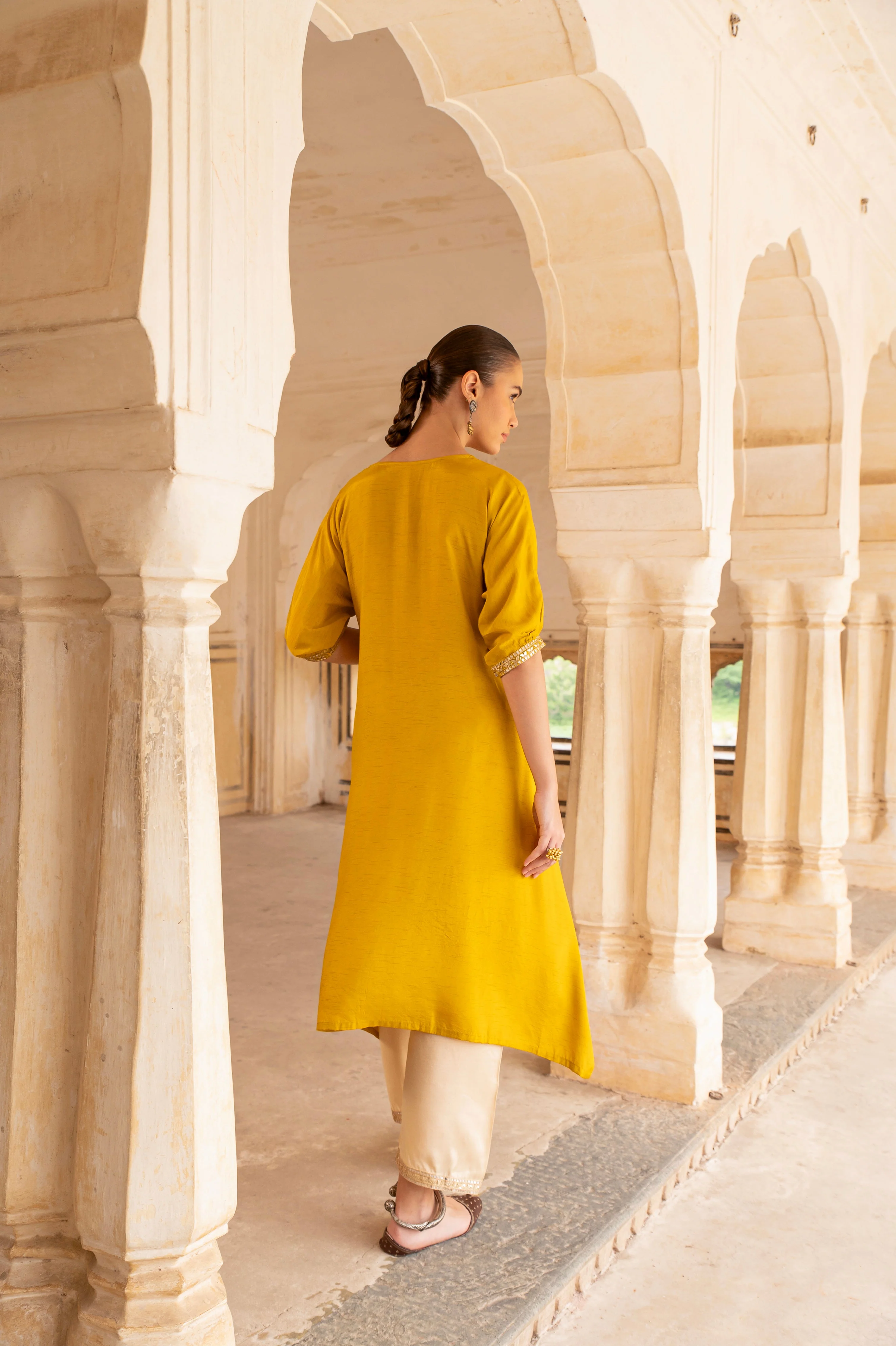Mustard Embellished Dola Silk Kurta Set - Image 4