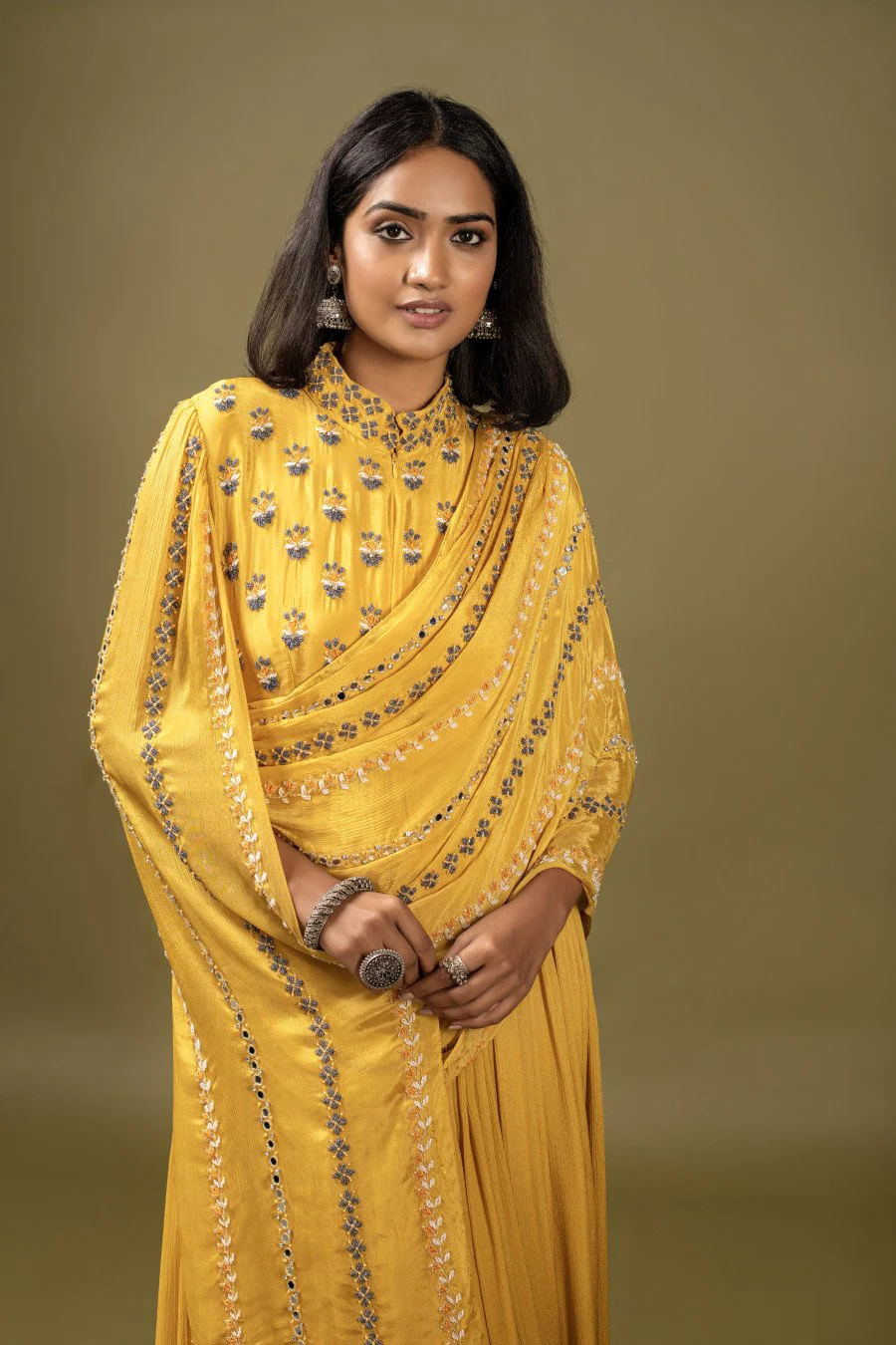 Mustard Embellished & Draped Chinon Silk Gown - Image 2
