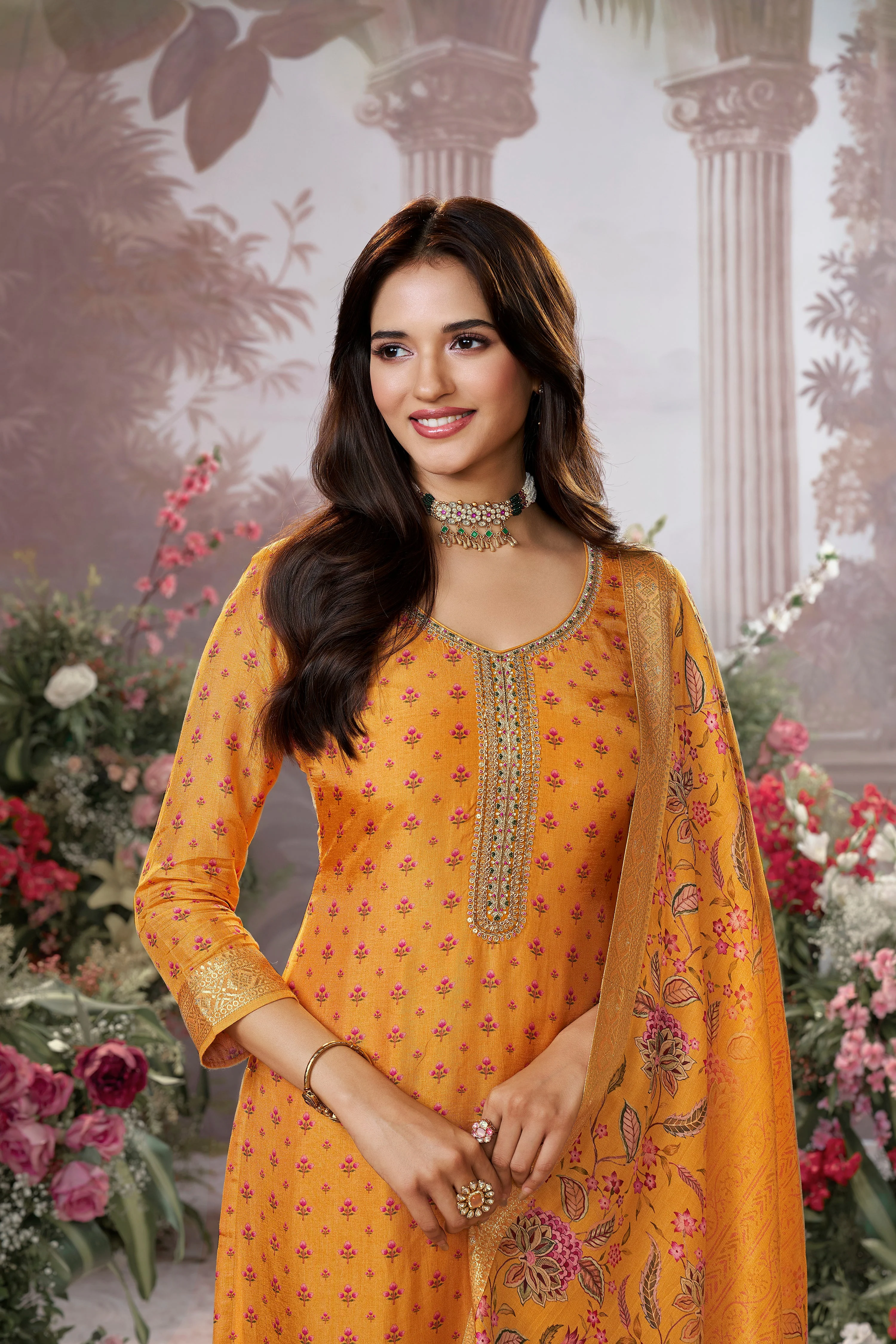Mustard Yellow Embellished Premium Silk Pant Set - Image 2