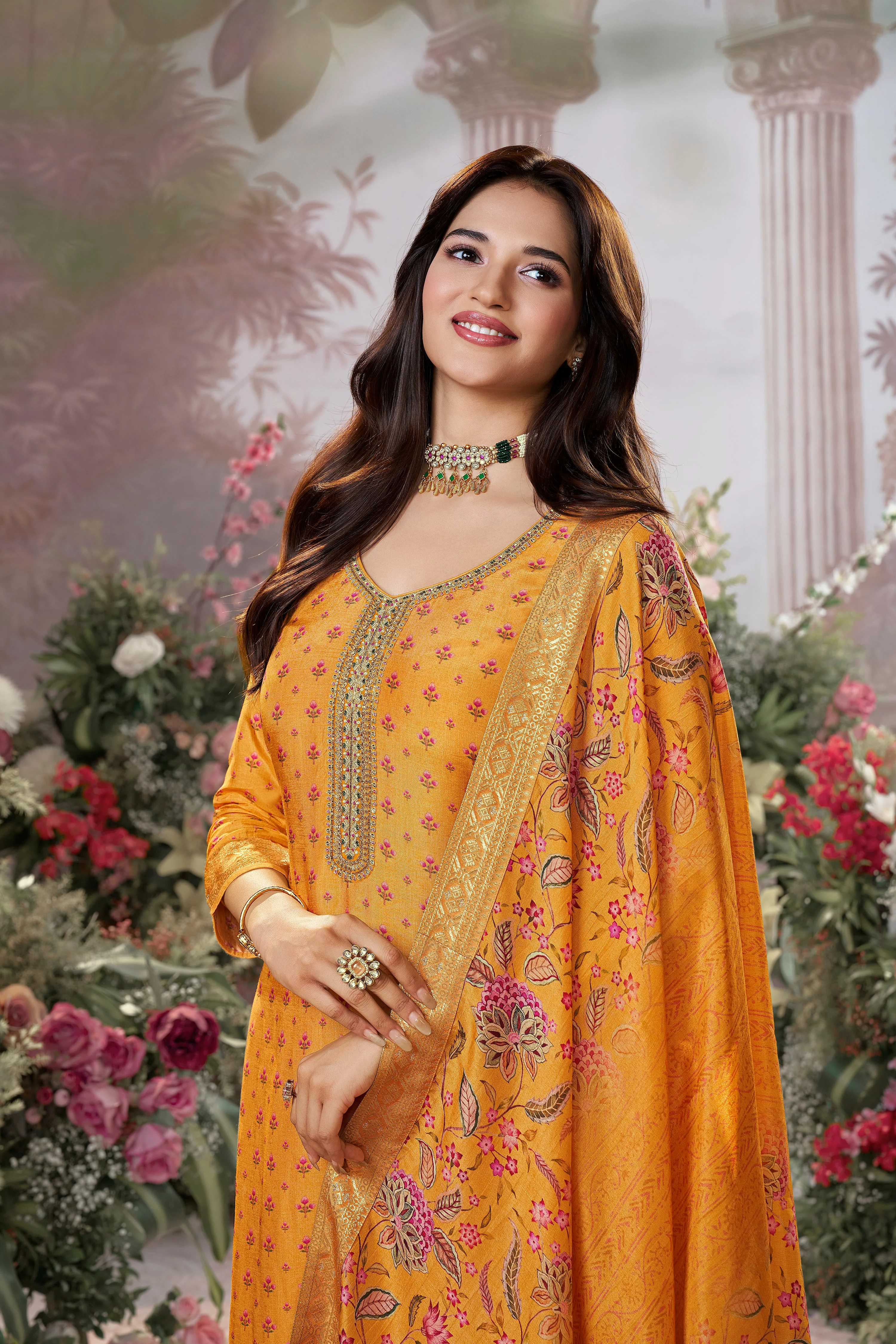 Mustard Yellow Embellished Premium Silk Pant Set - Image 3