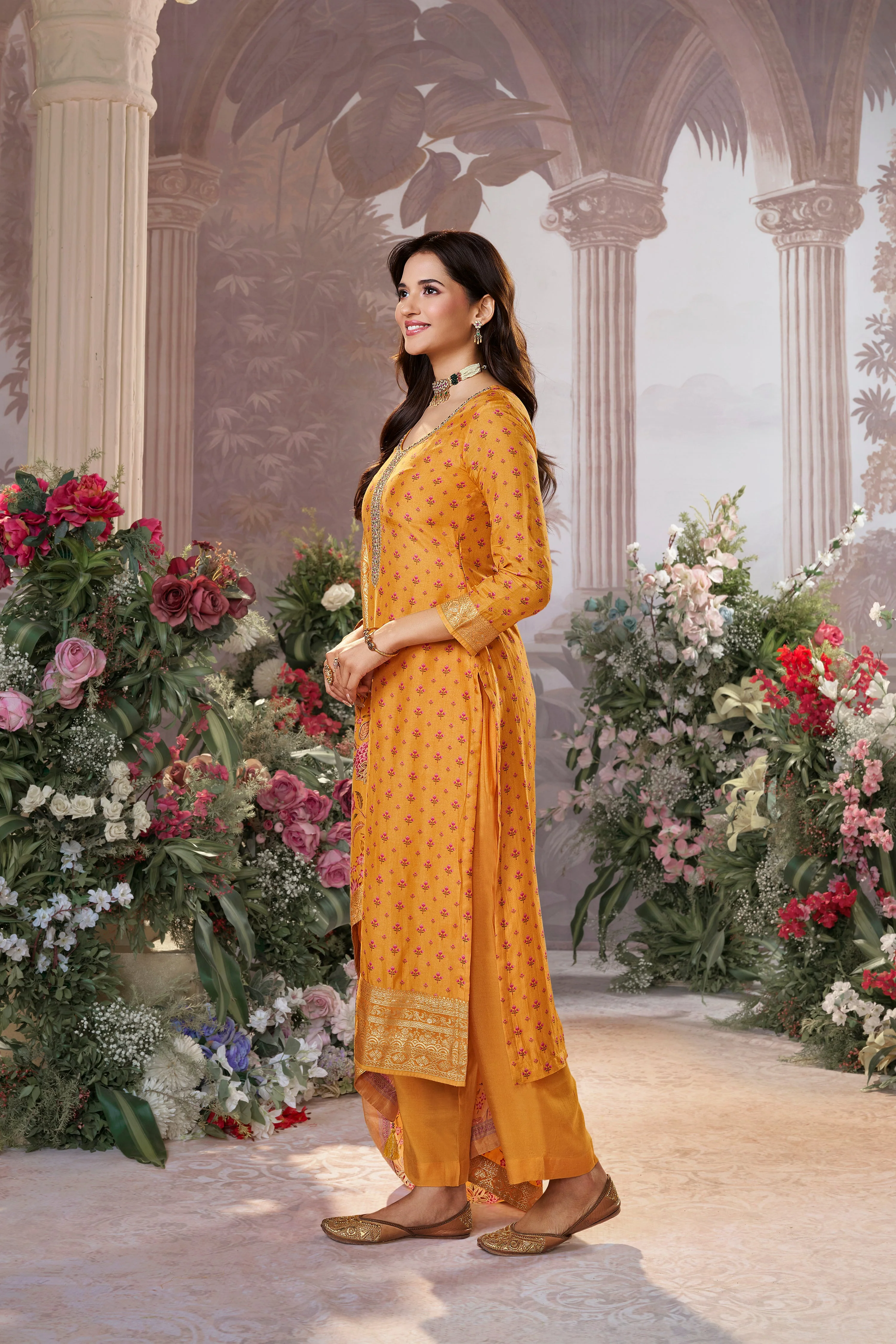 Mustard Yellow Embellished Premium Silk Pant Set - Image 4