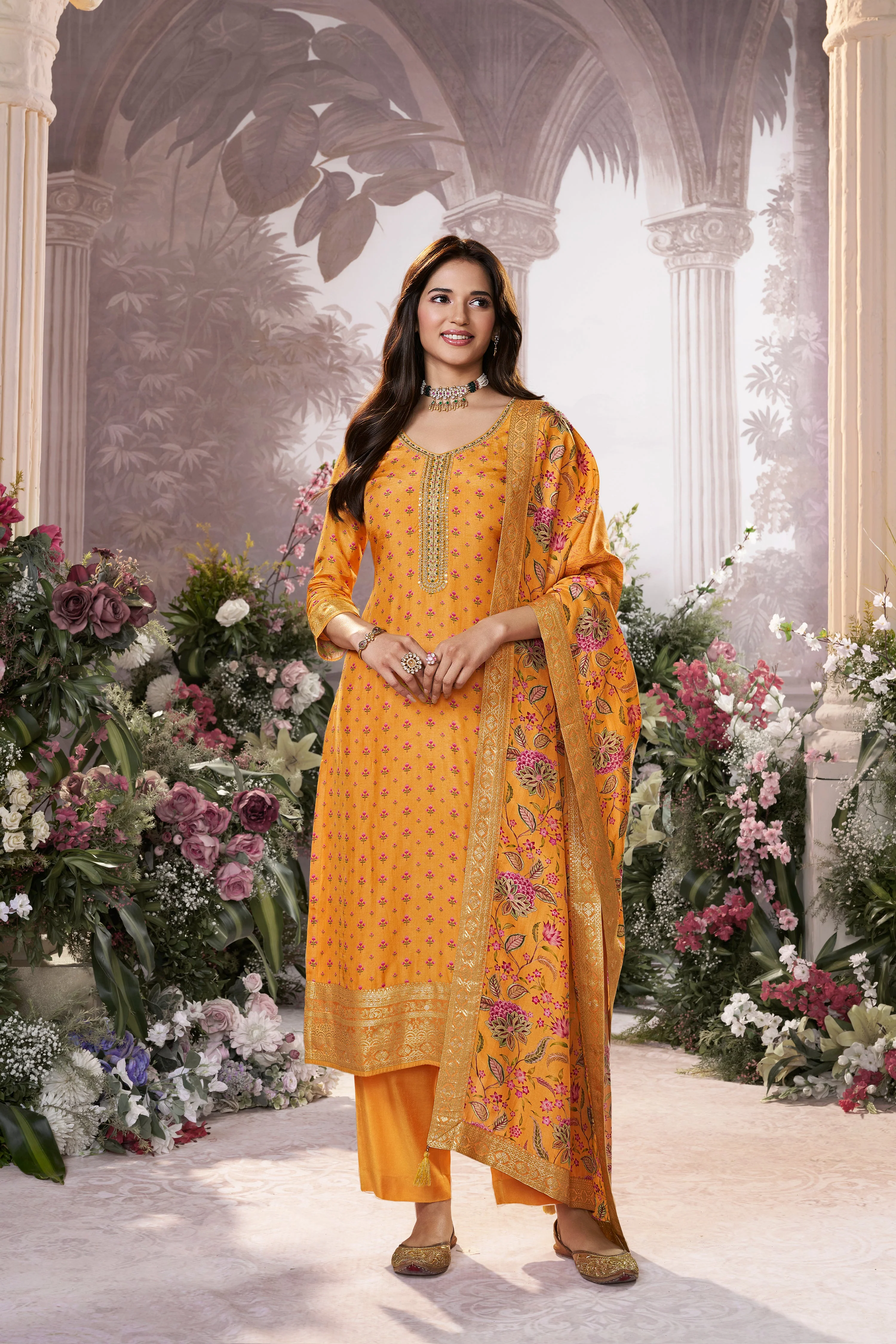 Mustard Yellow Embellished Premium Silk Pant Set - Image 5