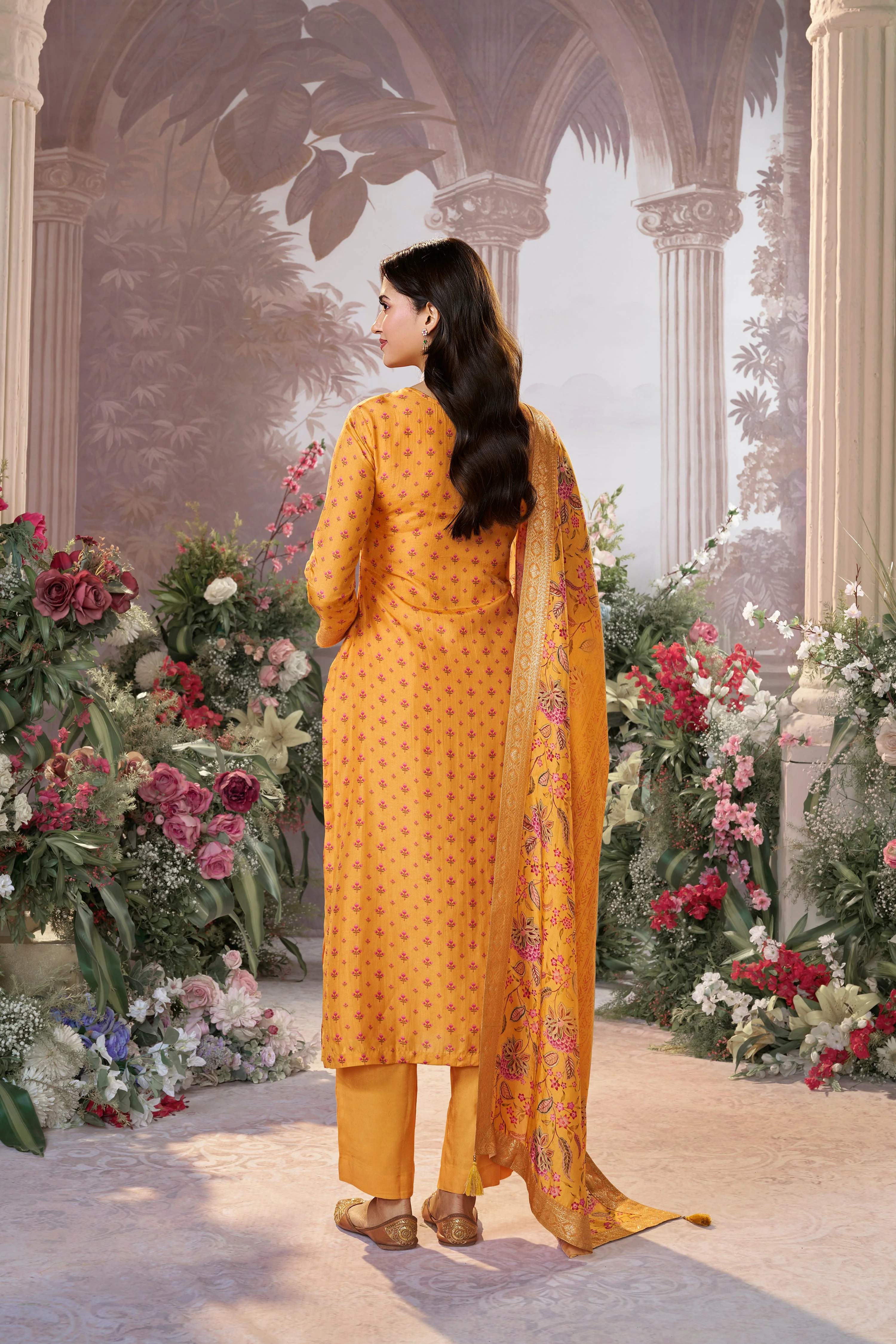 Mustard Yellow Embellished Premium Silk Pant Set - Image 6