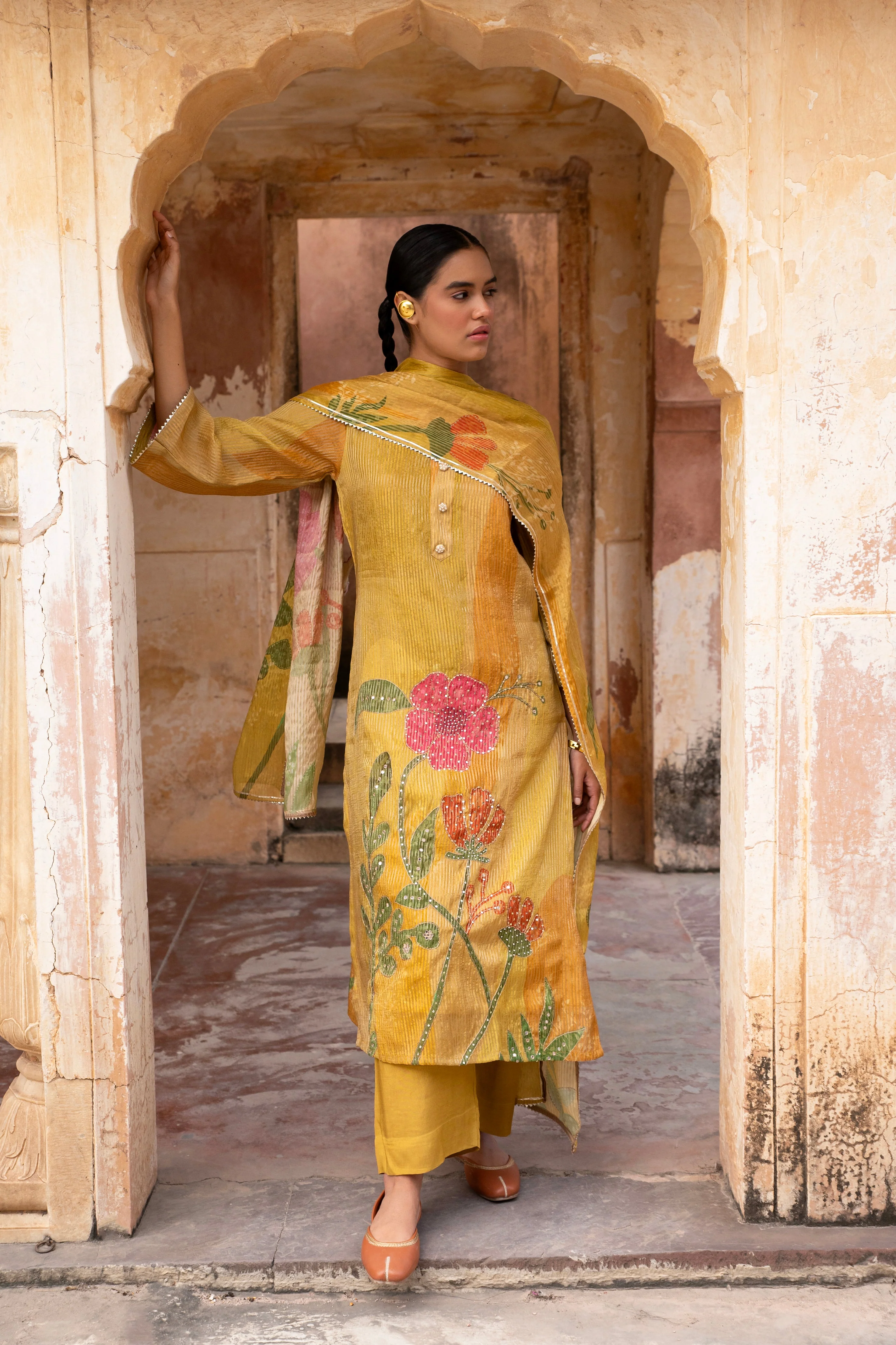Mustard Embellished  Premium Silk Pant Set - Image 2