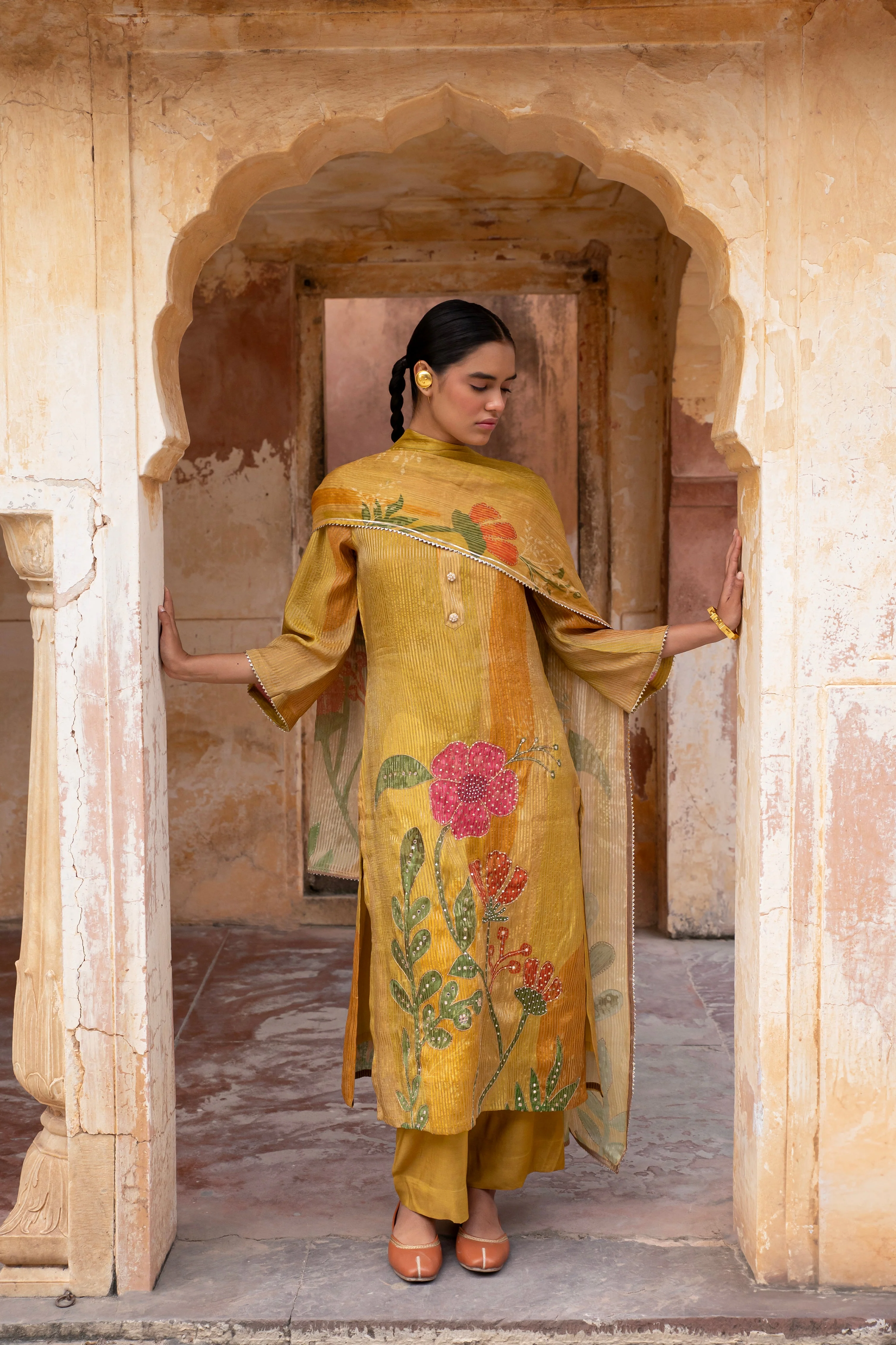 Mustard Embellished  Premium Silk Pant Set - Image 3
