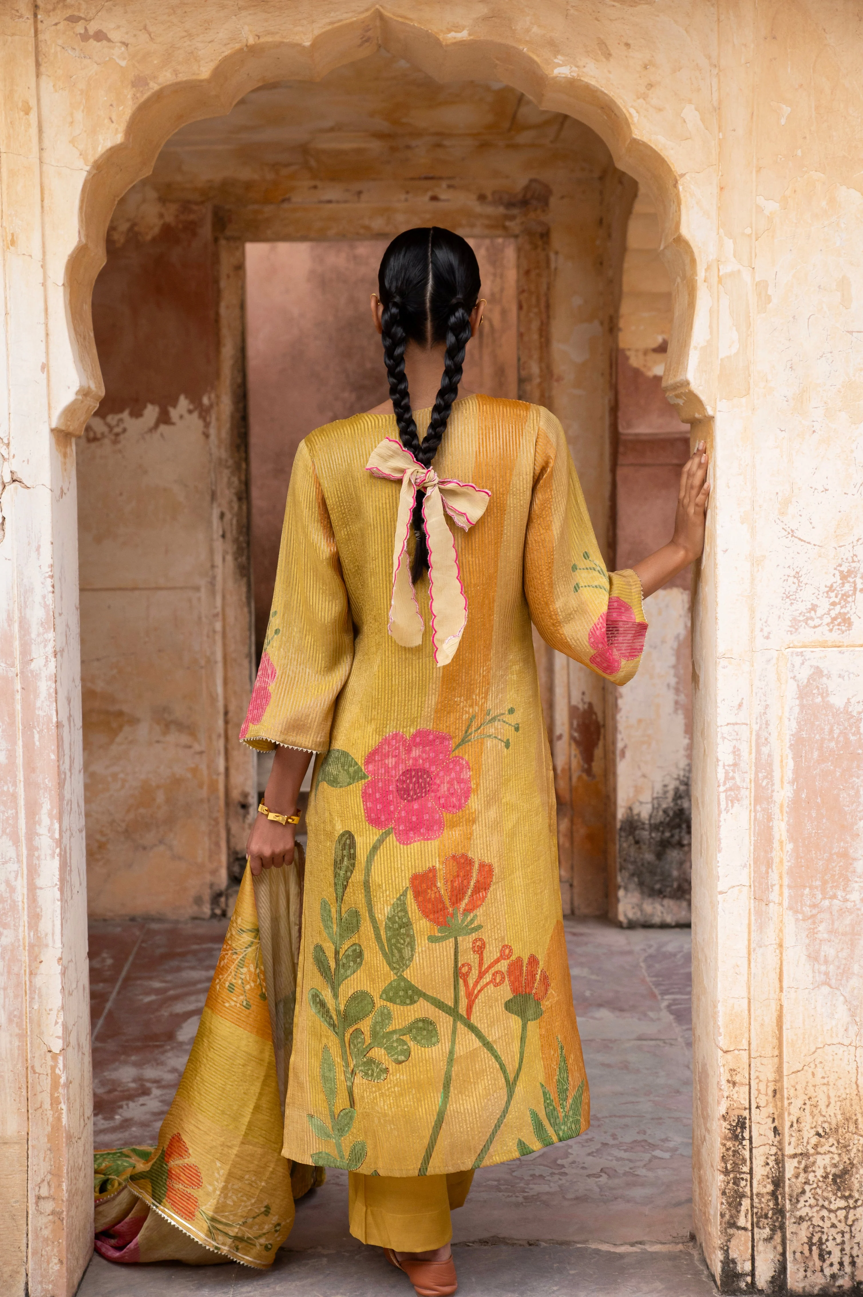 Mustard Embellished  Premium Silk Pant Set - Image 4