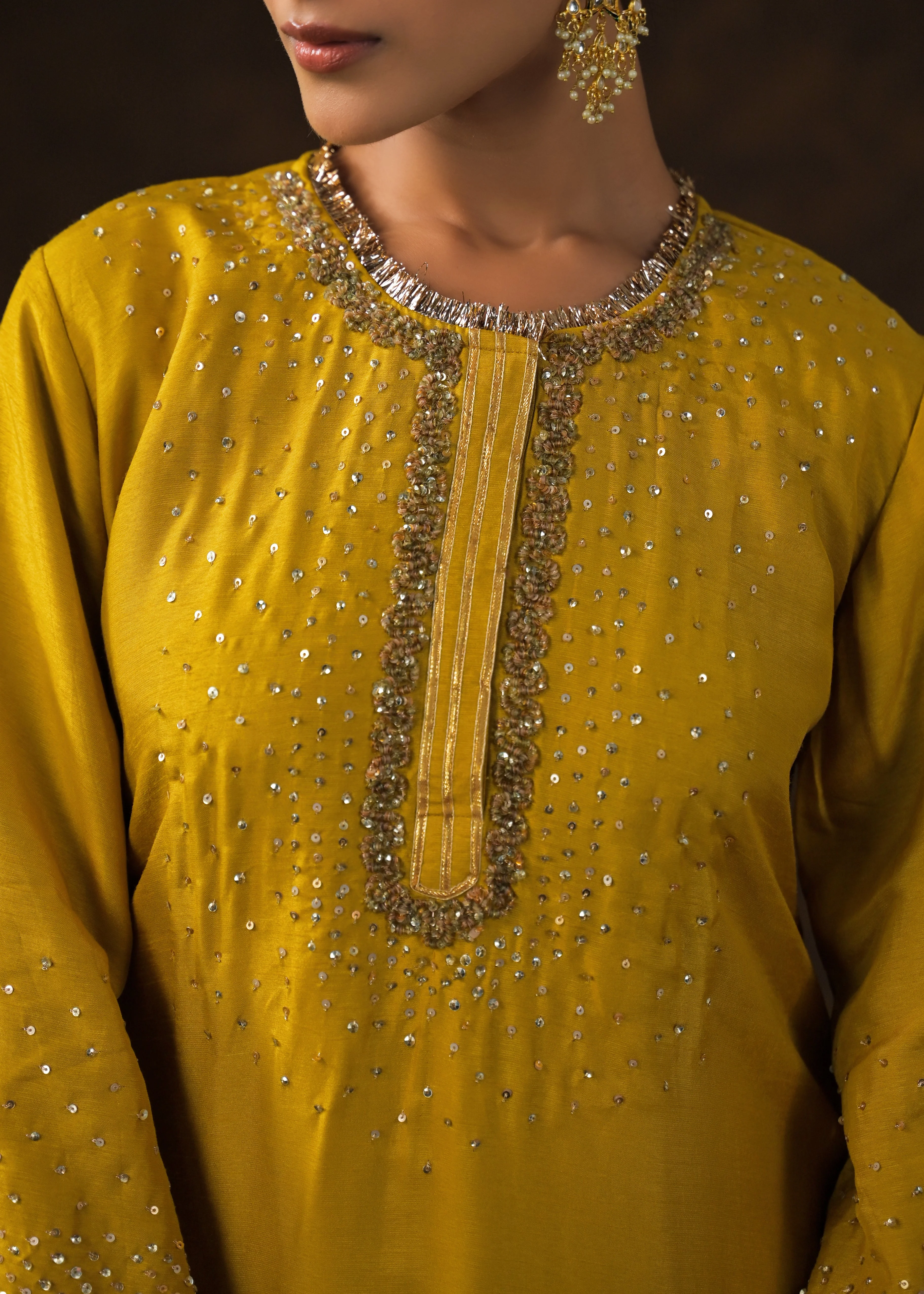 Mustard Yellow Embellished Raw Silk Pant Set - Image 2