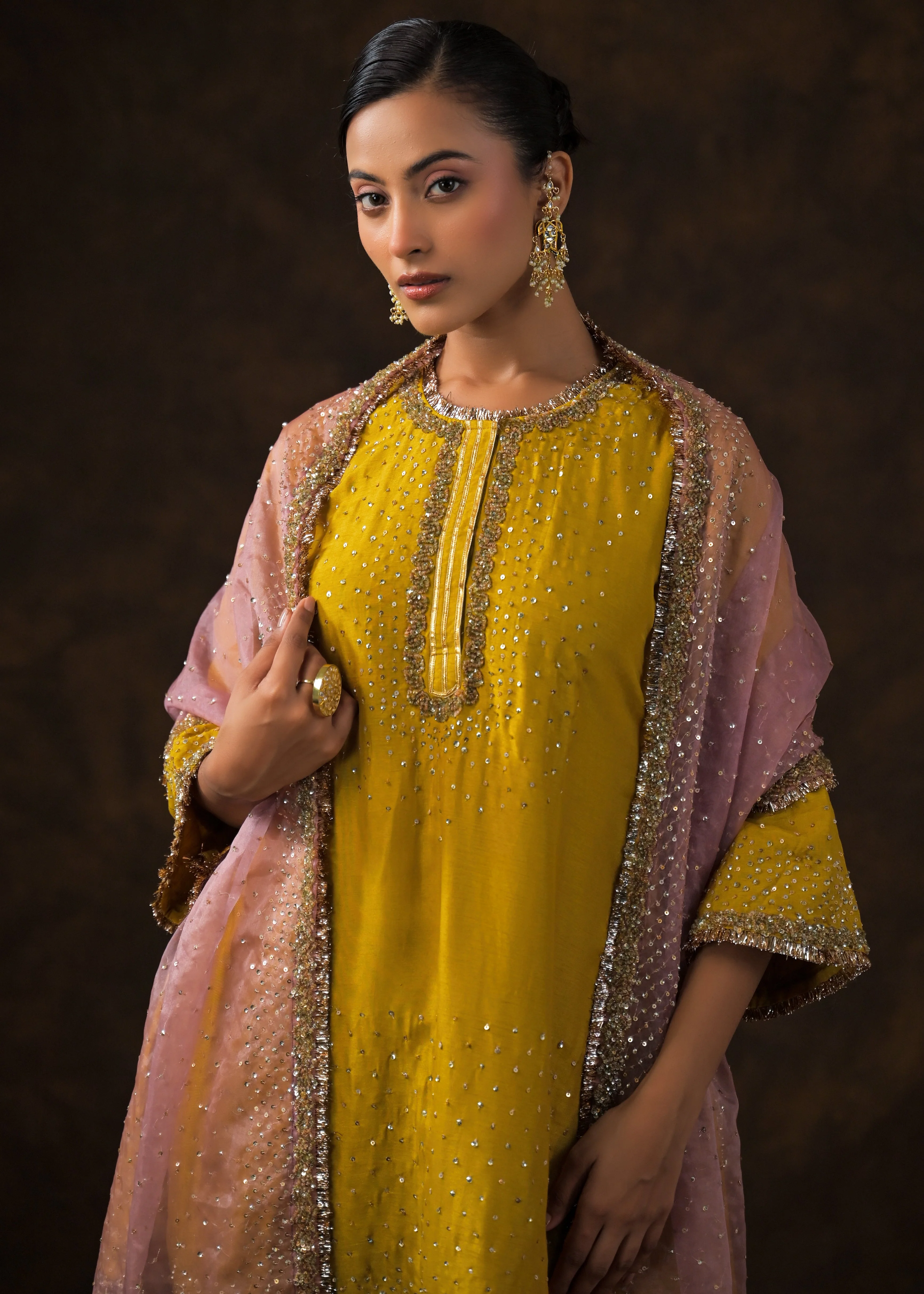 Mustard Yellow Embellished Raw Silk Pant Set - Image 3