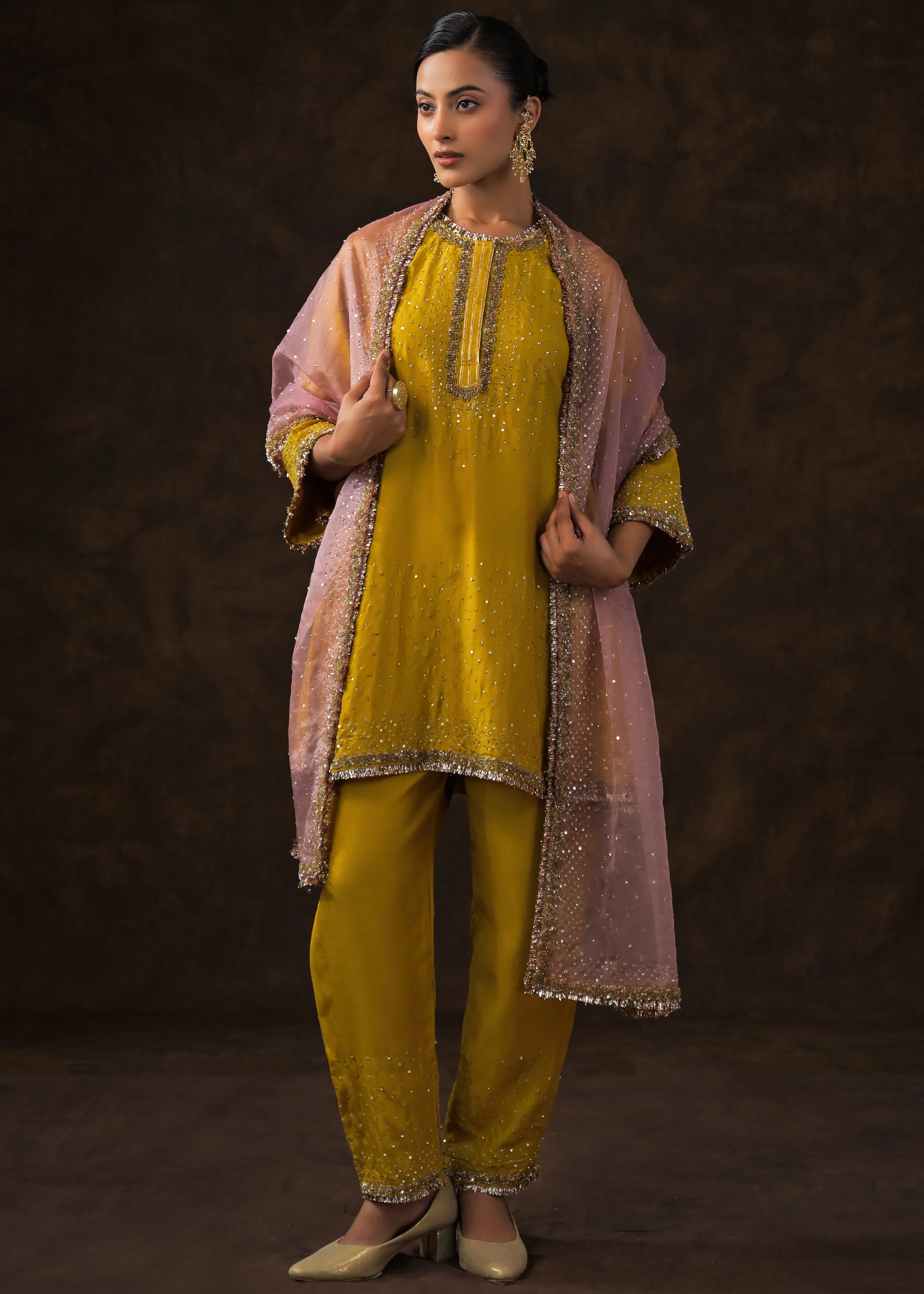 Mustard Yellow Embellished Raw Silk Pant Set - Image 4