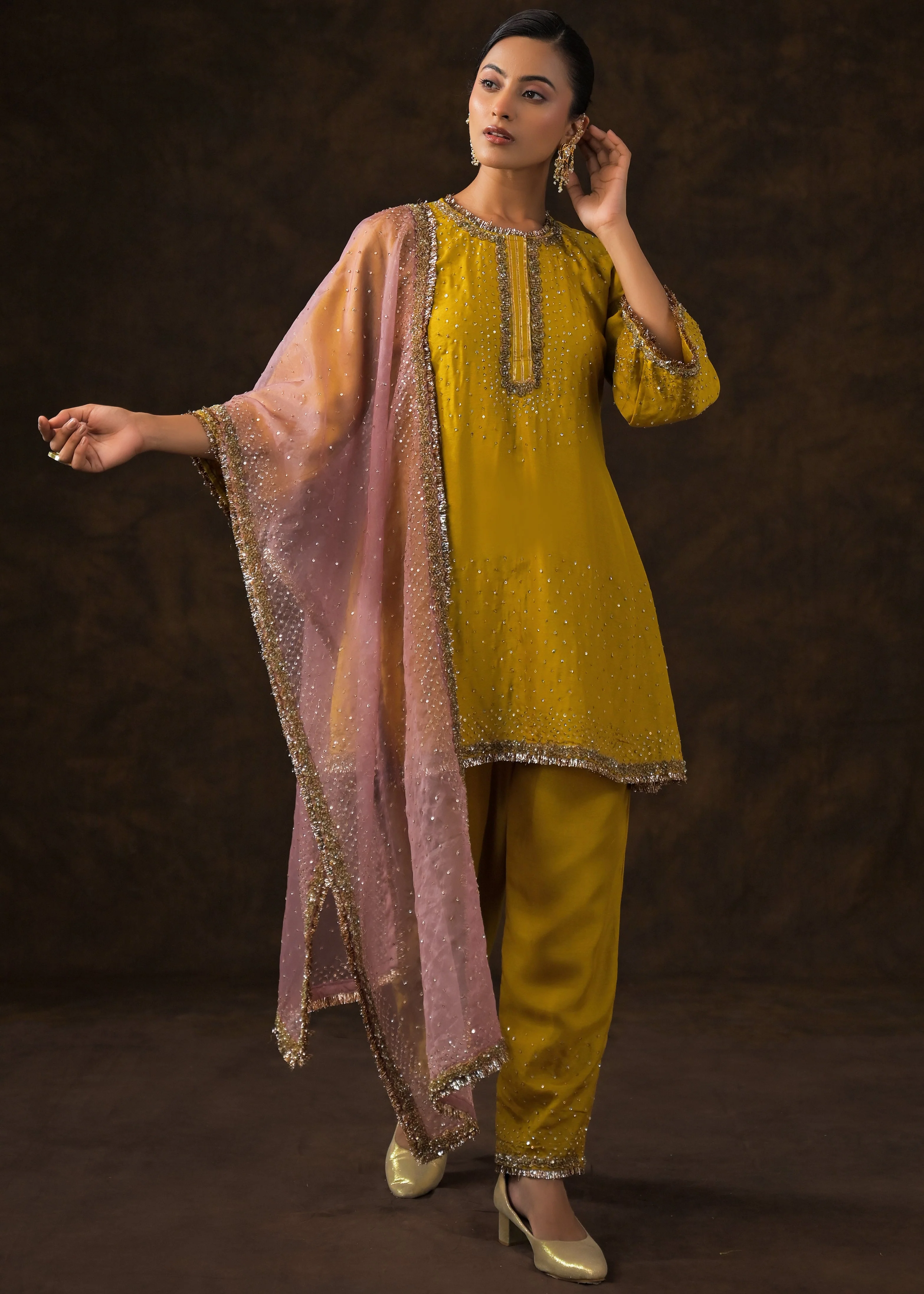 Mustard Yellow Embellished Raw Silk Pant Set - Image 5