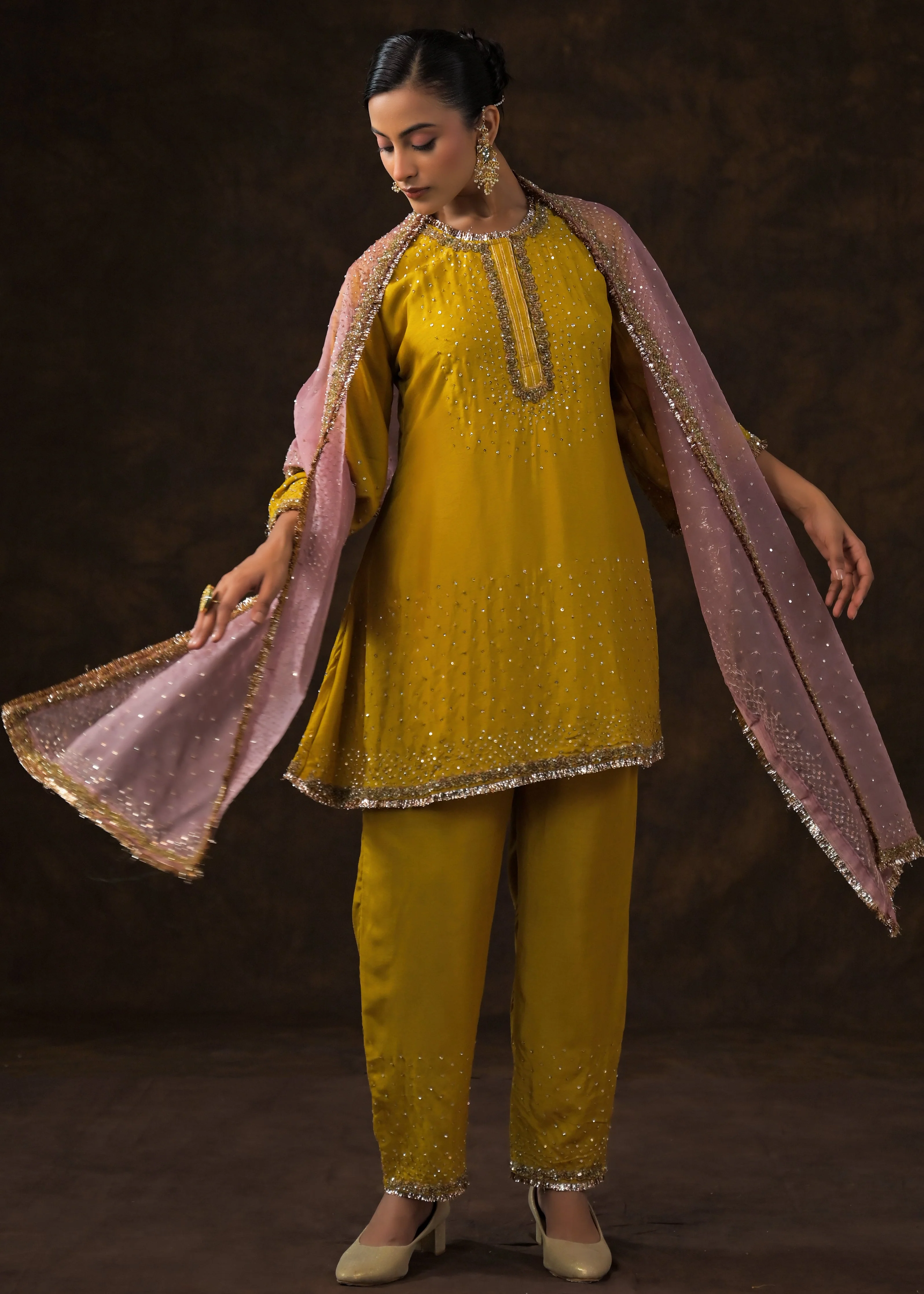 Mustard Yellow Embellished Raw Silk Pant Set - Image 6