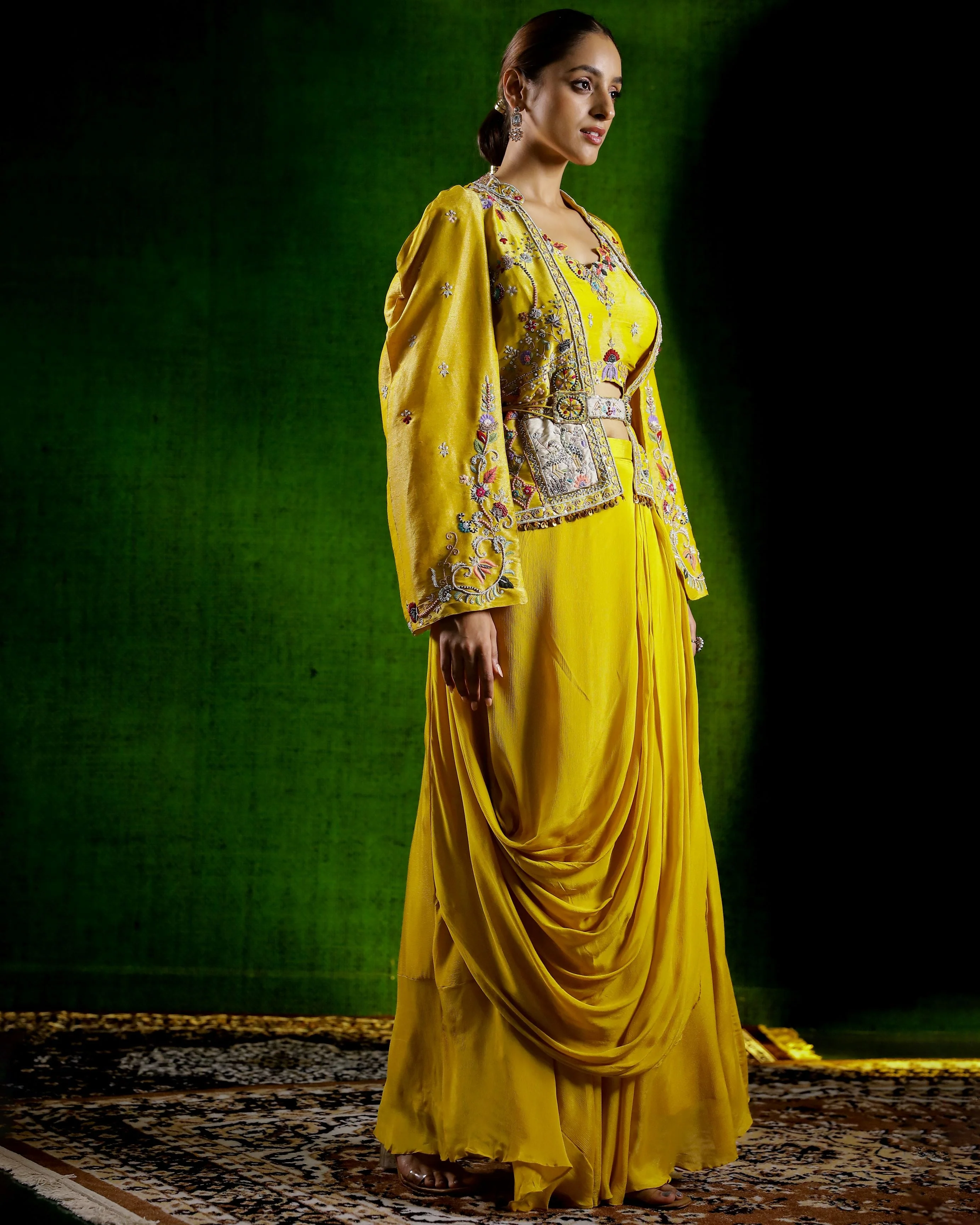 Mustard Yellow Embroidered Chinon Silk Skirt Set - Image 3