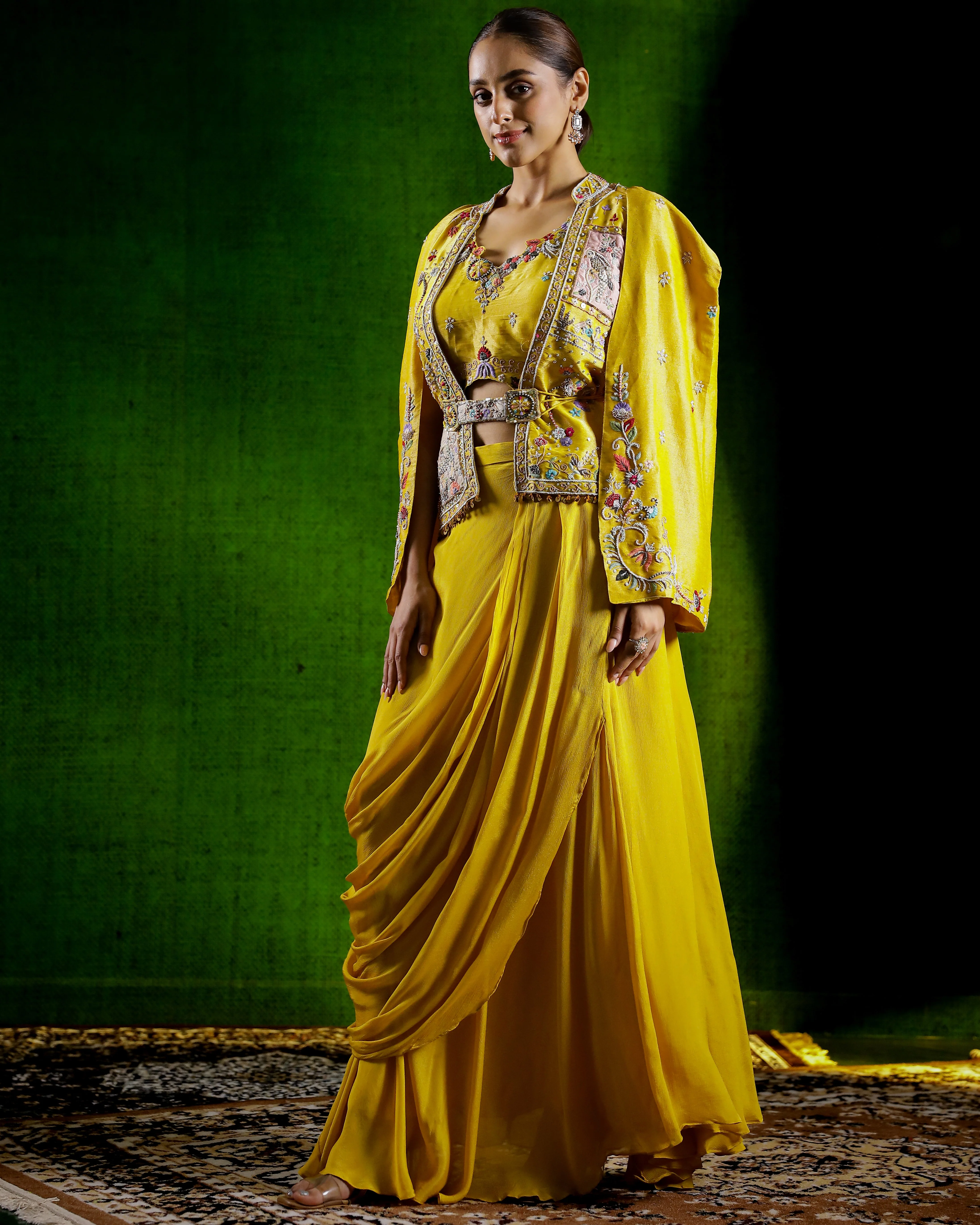 Mustard Yellow Embroidered Chinon Silk Skirt Set - Image 4