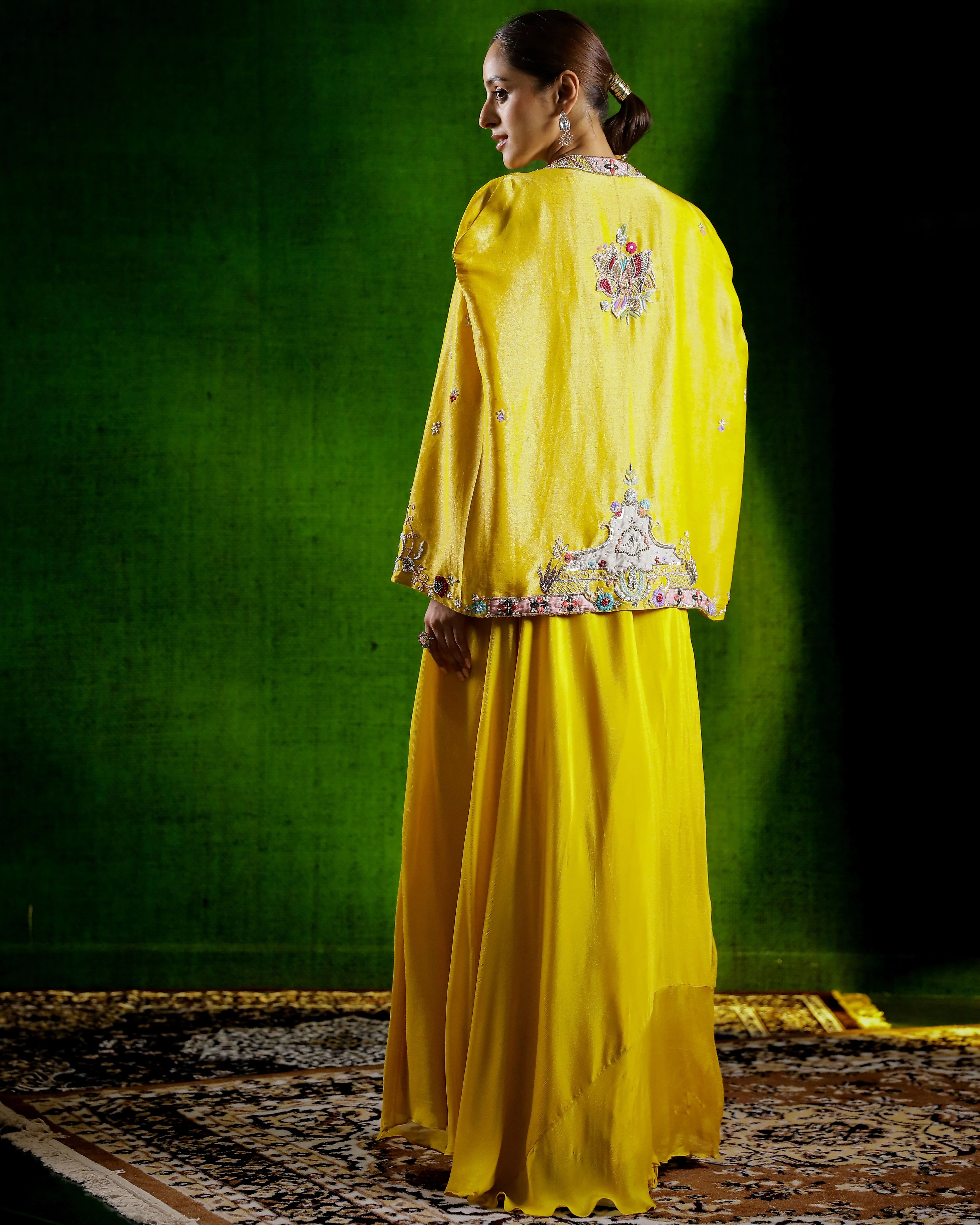 Mustard Yellow Embroidered Chinon Silk Skirt Set - Image 5