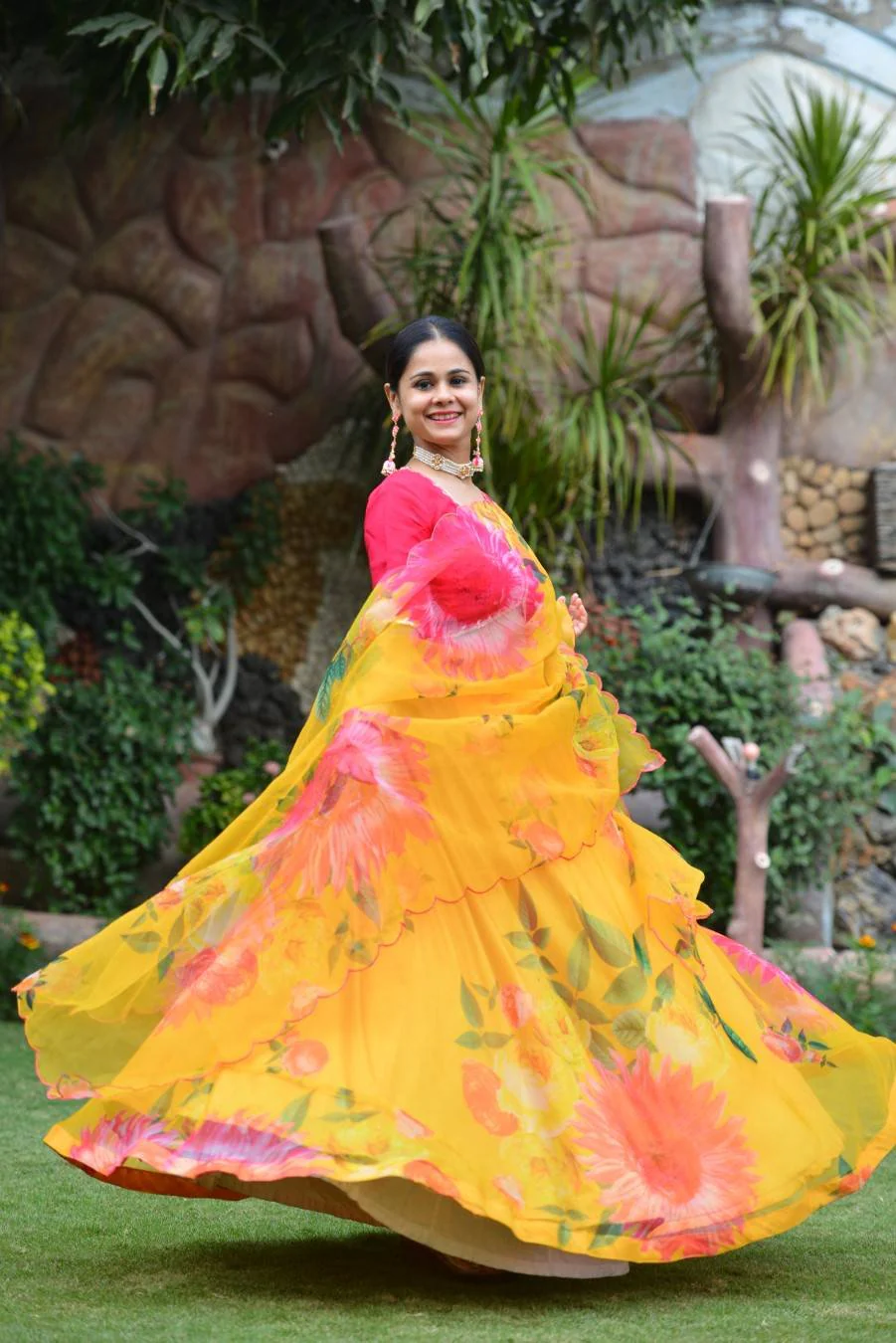Mustard Floral Organza Silk Lehenga Set - Image 3
