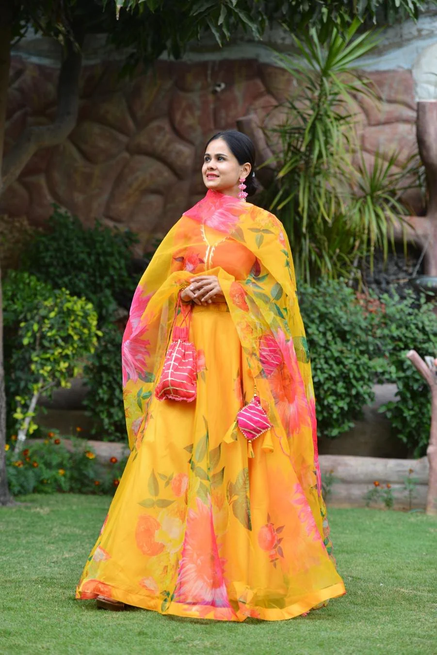 Mustard Floral Organza Silk Lehenga Set - Image 4