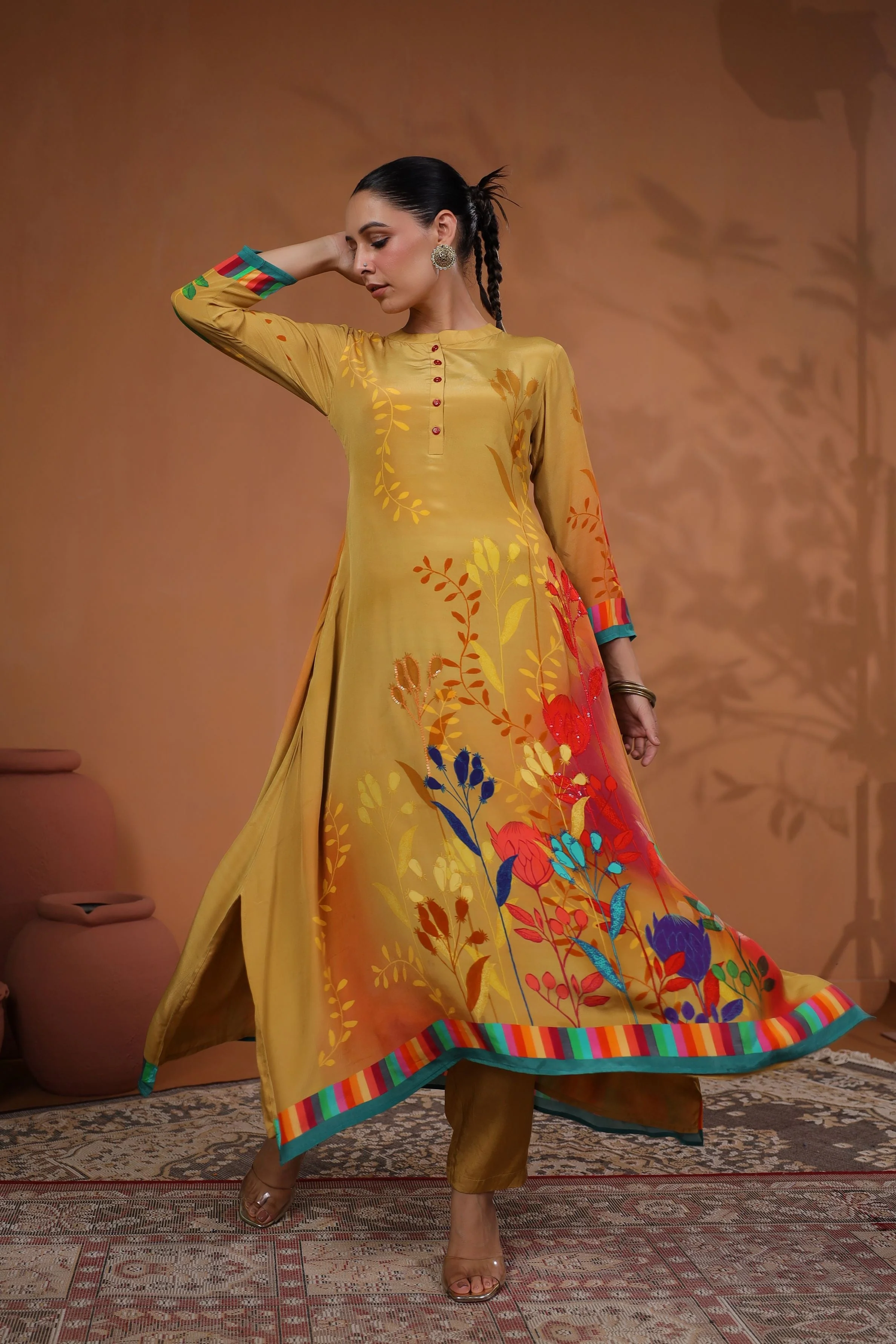 Mustard Floral Printed Muslin Silk Kurta Set - Image 3