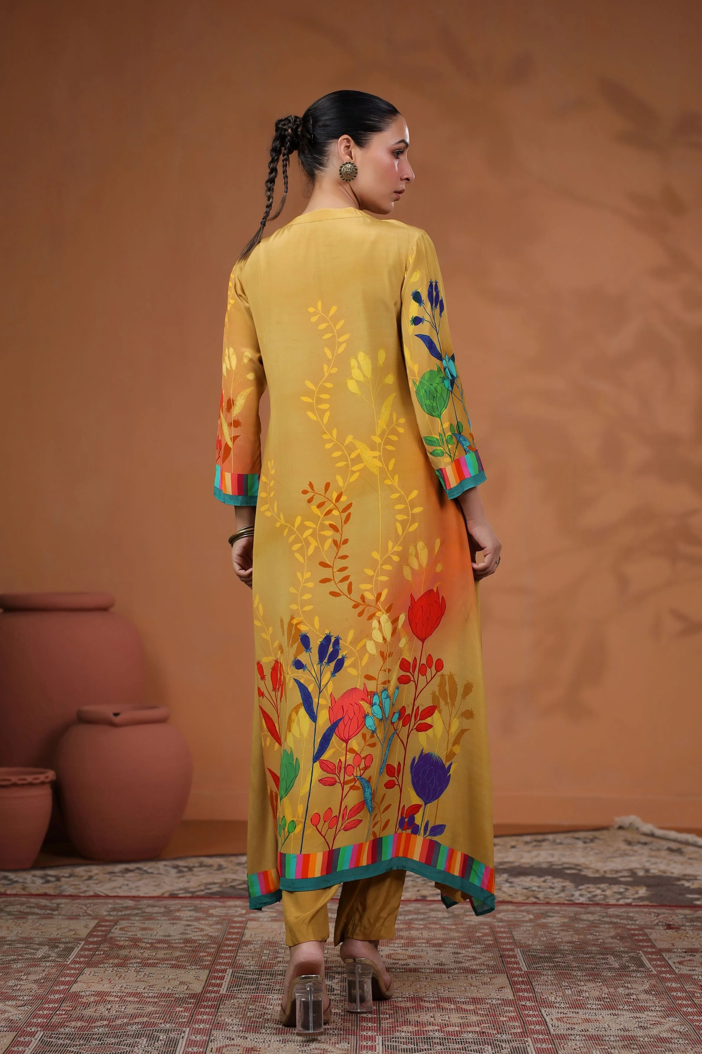 Mustard Floral Printed Muslin Silk Kurta Set - Image 4